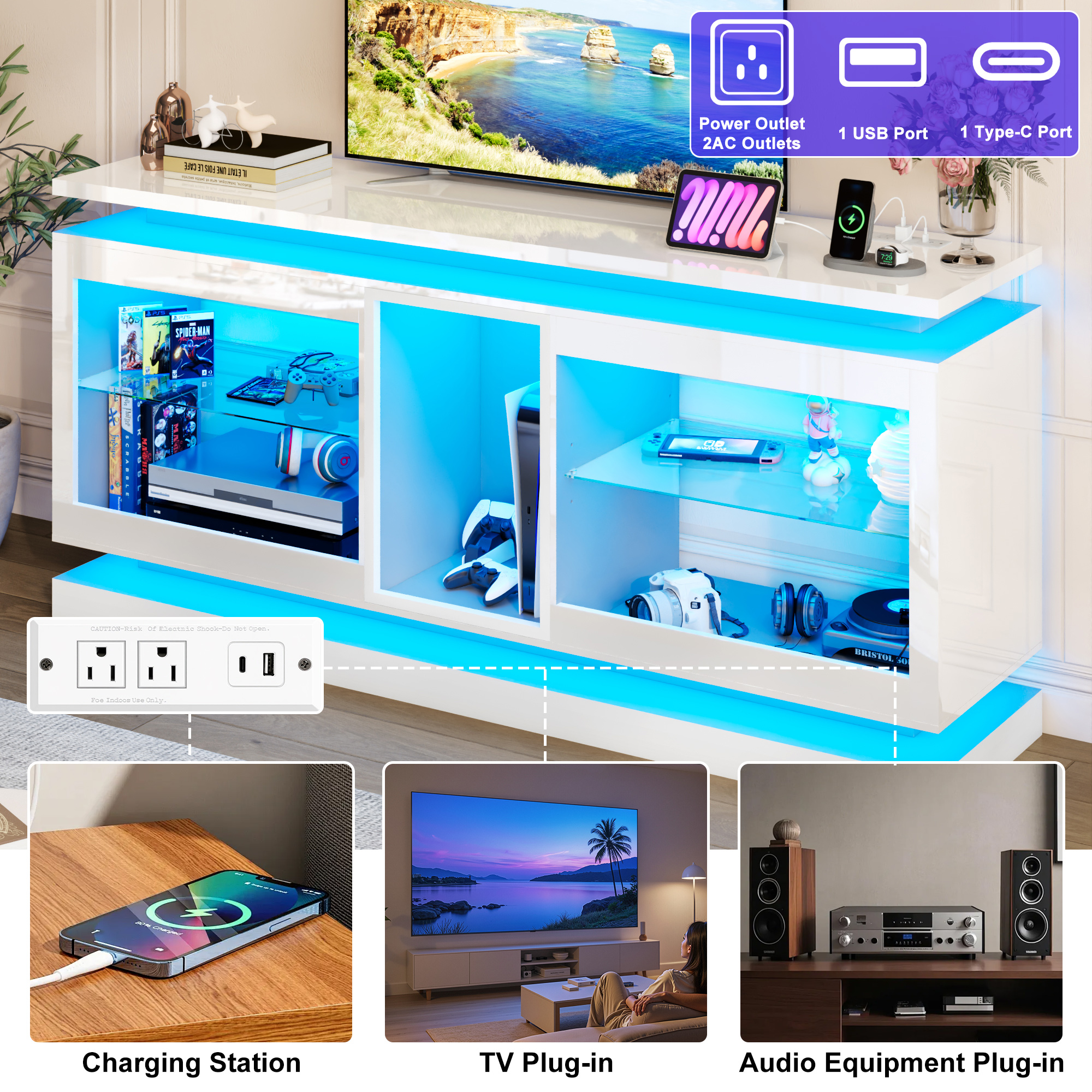 LED TV Stand for 70/75/80 Inch TVs,Modern Entertainment Center High Gloss Large TV Stand with Adjustable Shelves,Gaming TV Console with Power Outlets,Black