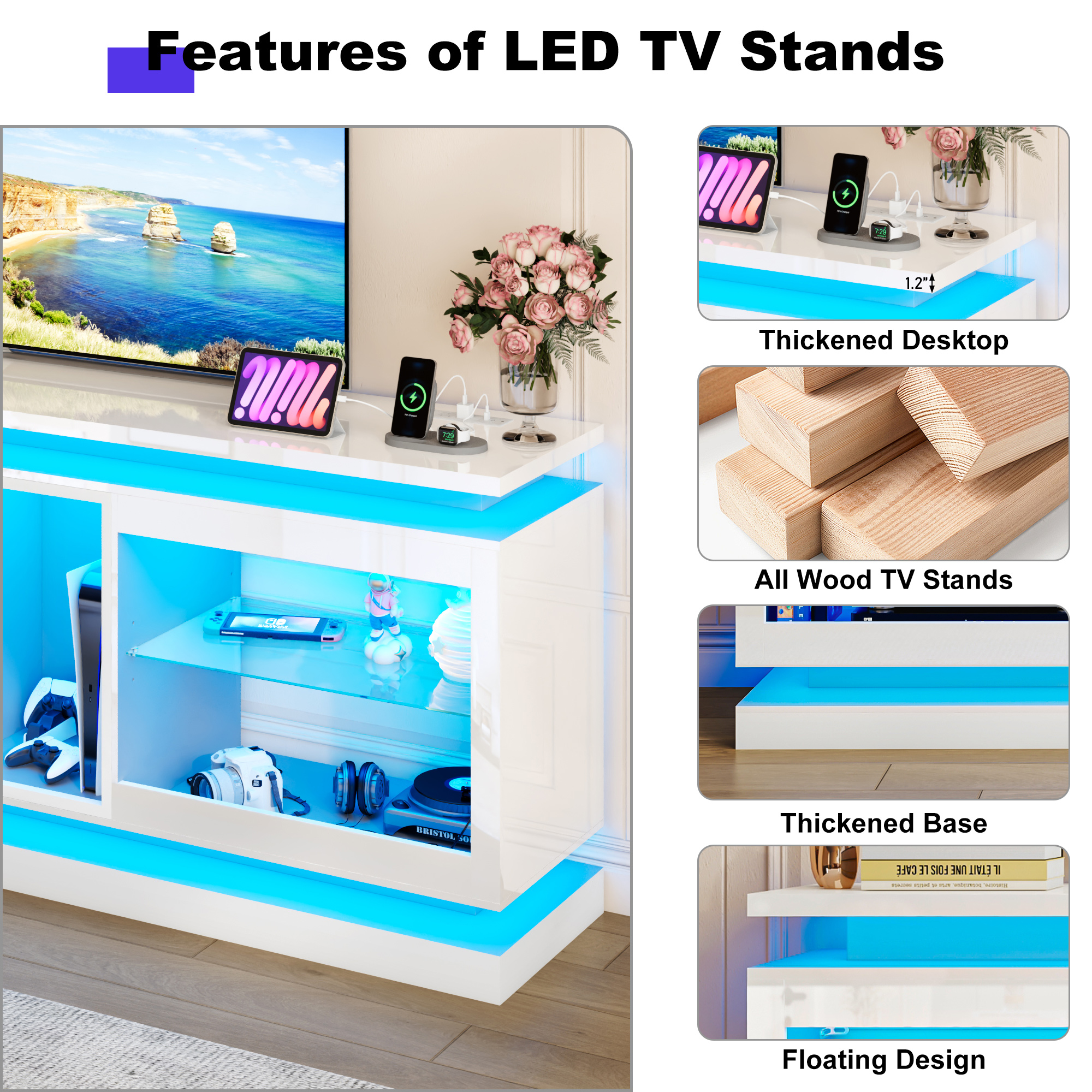 LED TV Stand for 70/75/80 Inch TVs,Modern Entertainment Center High Gloss Large TV Stand with Adjustable Shelves,Gaming TV Console with Power Outlets,Black