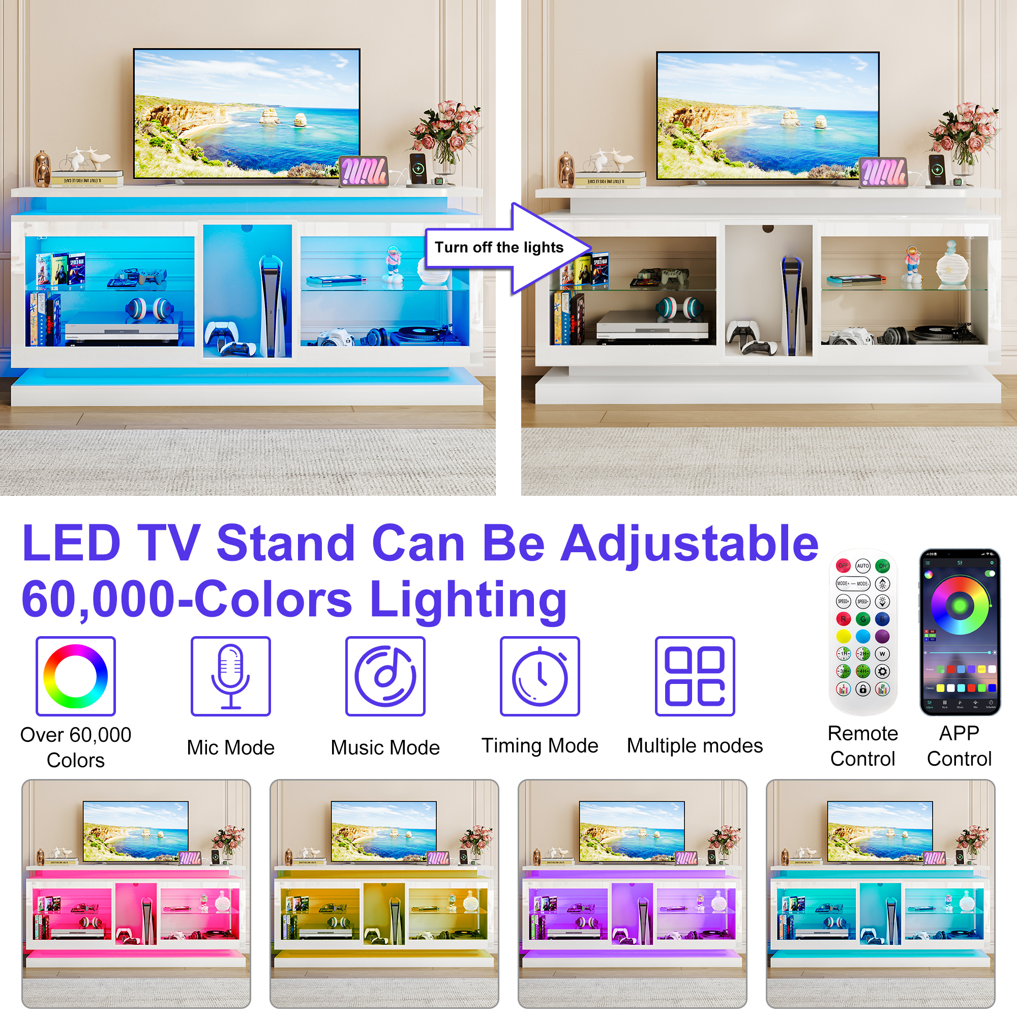 LED TV Stand for 70/75/80 Inch TVs,Modern Entertainment Center High Gloss Large TV Stand with Adjustable Shelves,Gaming TV Console with Power Outlets,Black