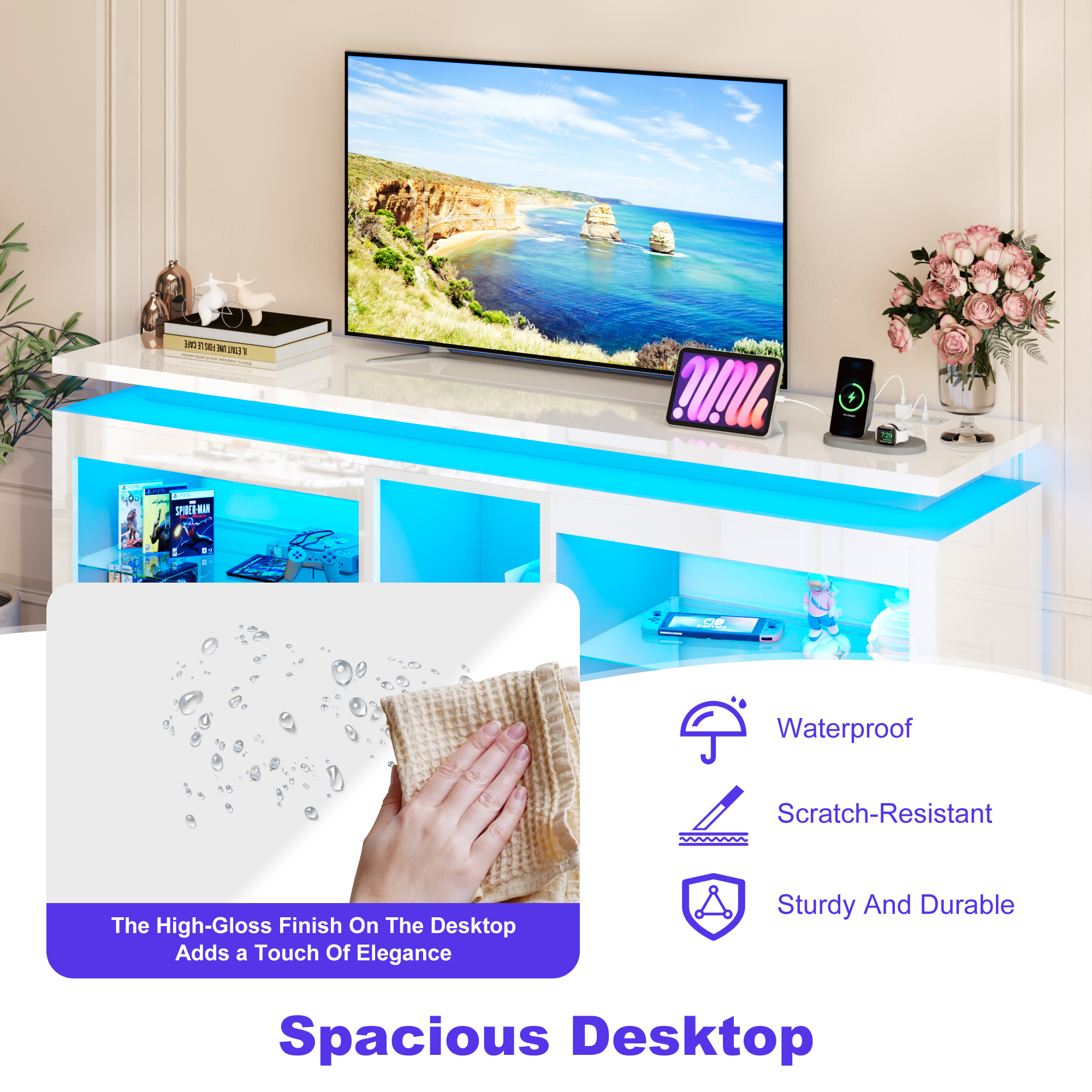 LED TV Stand for 70/75/80 Inch TVs,Modern Entertainment Center High Gloss Large TV Stand with Adjustable Shelves,Gaming TV Console with Power Outlets,Black