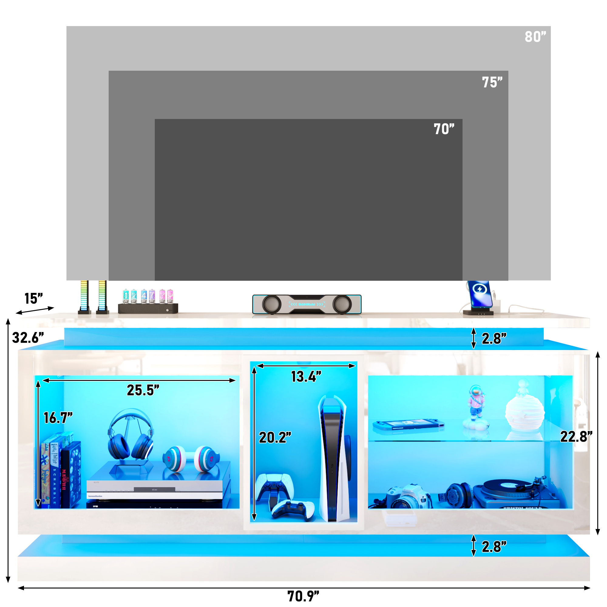 LED TV Stand for 70/75/80 Inch TVs,Modern Entertainment Center High Gloss Large TV Stand with Adjustable Shelves,Gaming TV Console with Power Outlets,Black