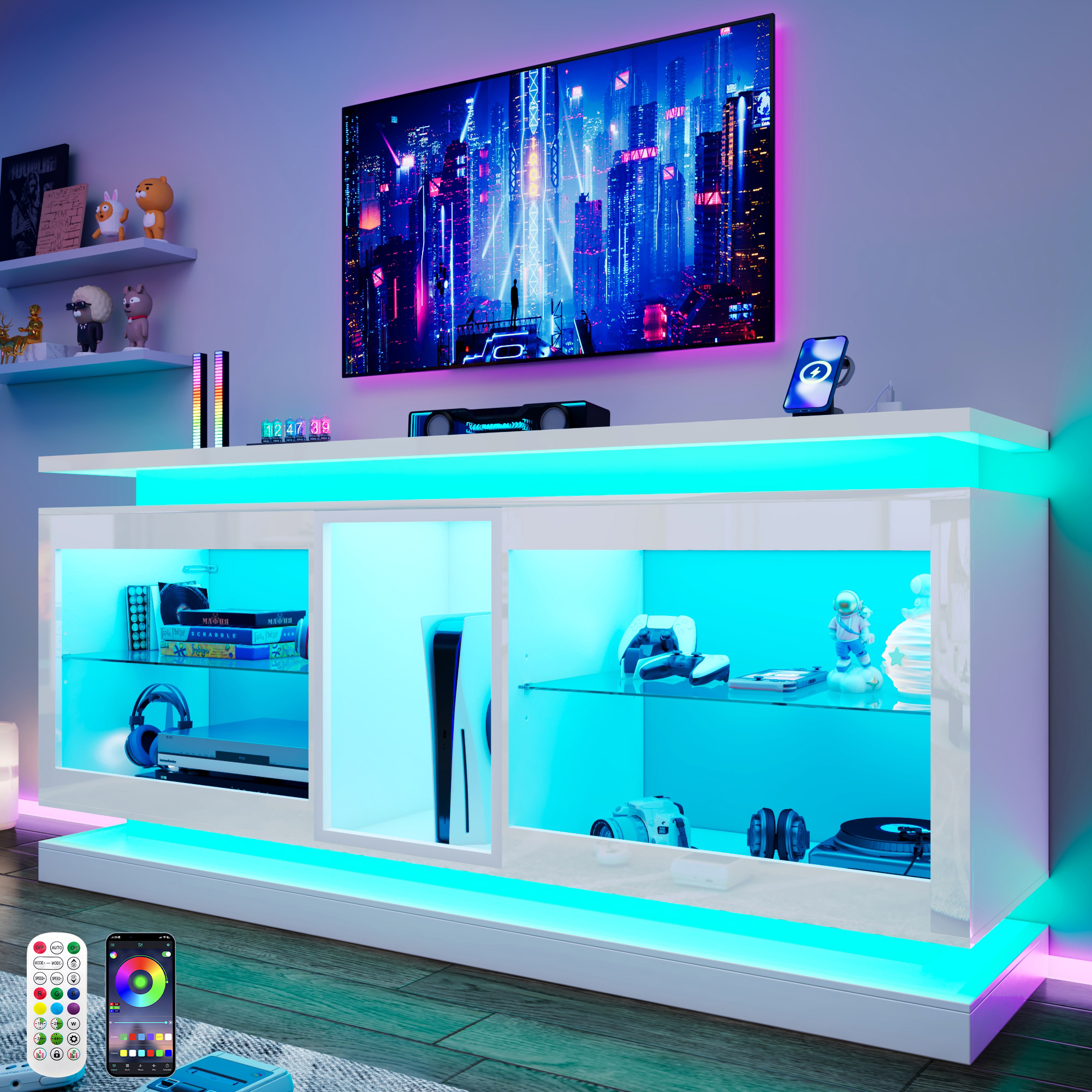 LED TV Stand for 70/75/80 Inch TVs,Modern Entertainment Center High Gloss Large TV Stand with Adjustable Shelves,Gaming TV Console with Power Outlets,Black