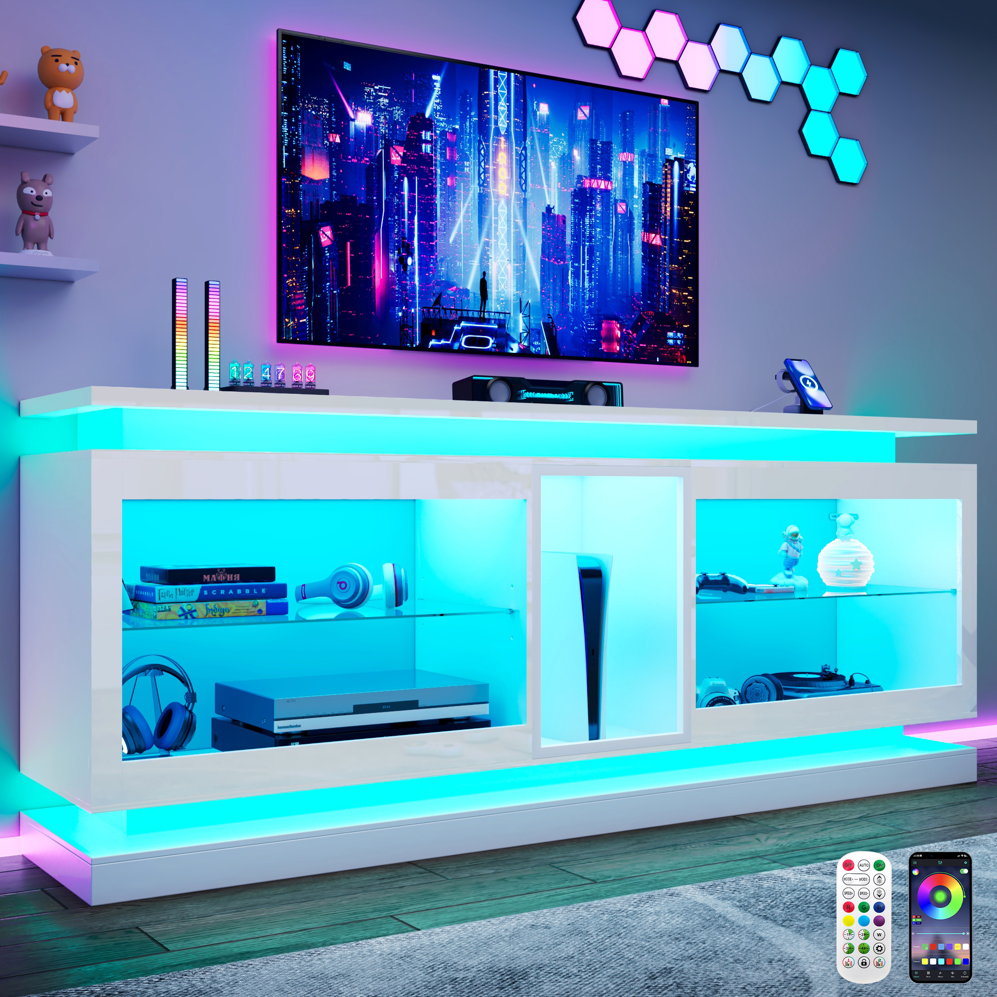 LED TV Stand for 70/75/80 Inch TVs,Modern Entertainment Center High Gloss Large TV Stand with Adjustable Shelves,Gaming TV Console with Power Outlets,Black