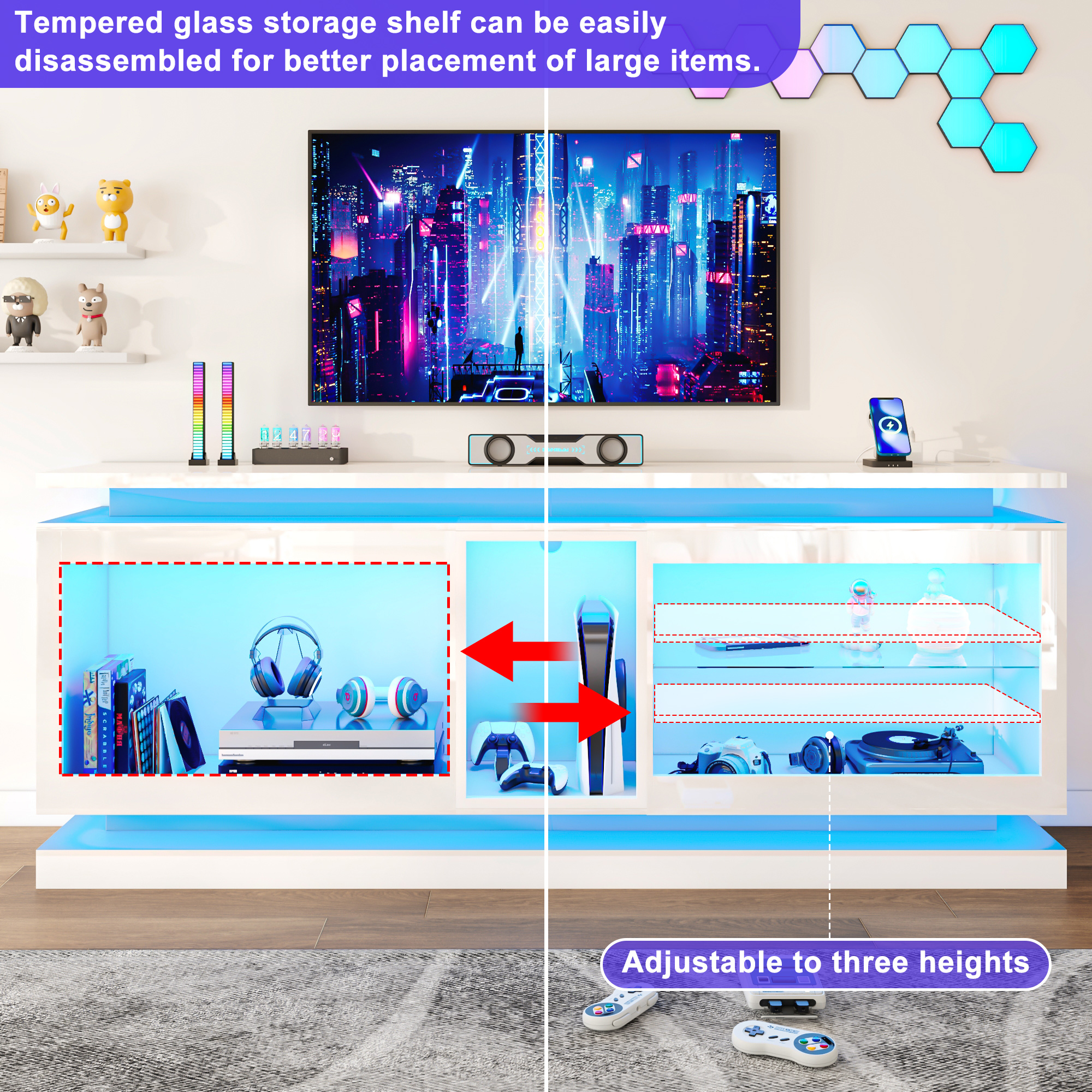 LED TV Stand for 70/75/80 Inch TVs,Modern Entertainment Center High Gloss Large TV Stand with Adjustable Shelves,Gaming TV Console with Power Outlets,Black
