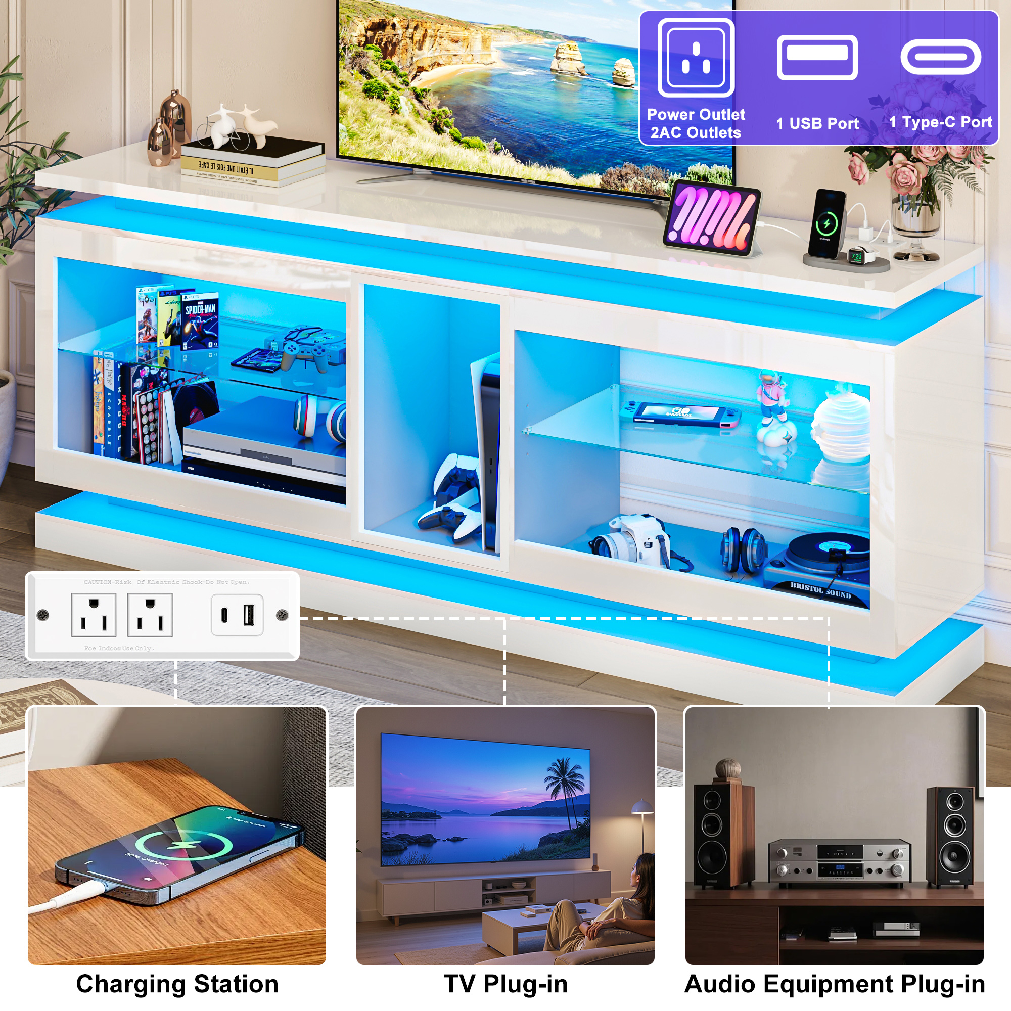 LED TV Stand for 70/75/80 Inch TVs,Modern Entertainment Center High Gloss Large TV Stand with Adjustable Shelves,Gaming TV Console with Power Outlets,Black