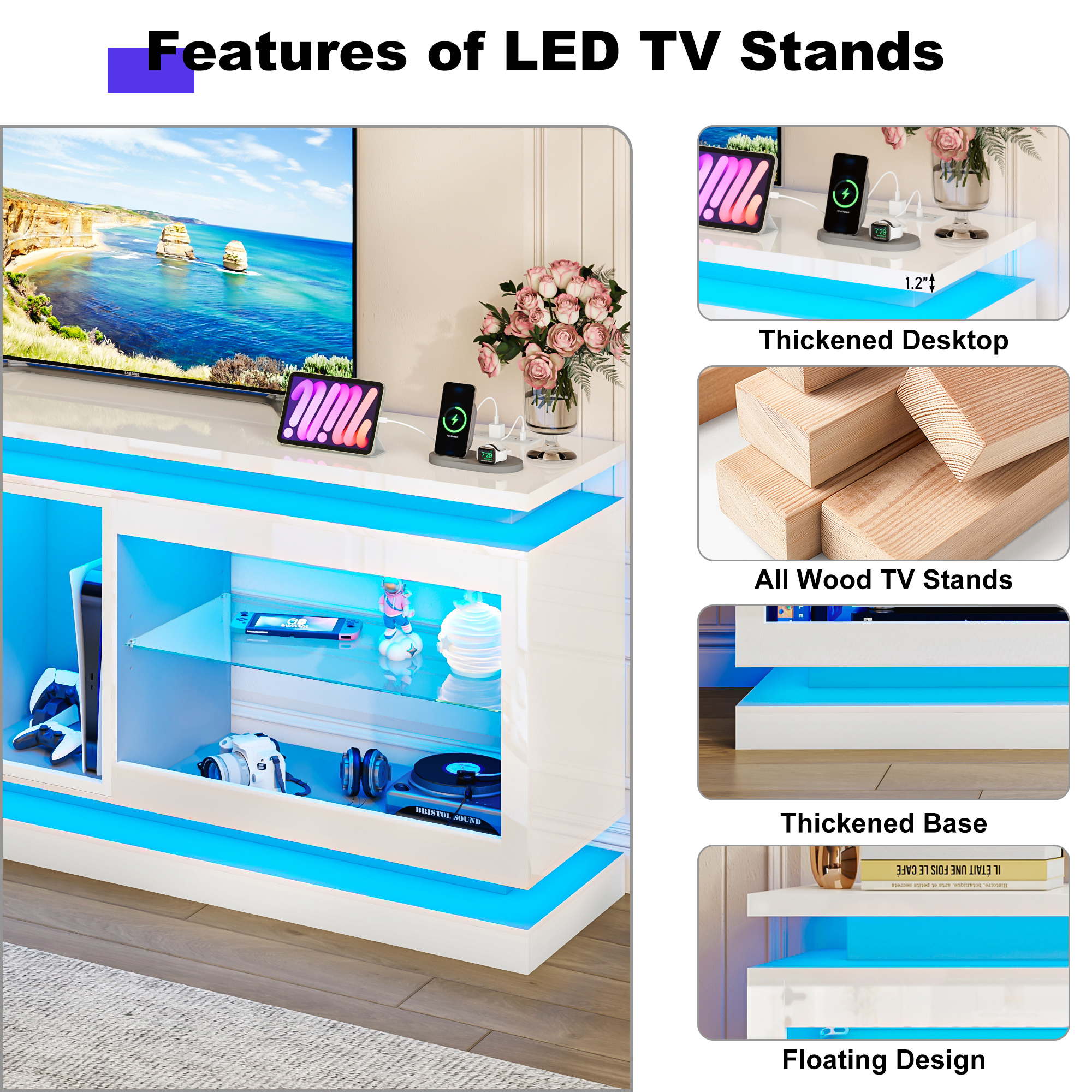 LED TV Stand for 70/75/80 Inch TVs,Modern Entertainment Center High Gloss Large TV Stand with Adjustable Shelves,Gaming TV Console with Power Outlets,Black