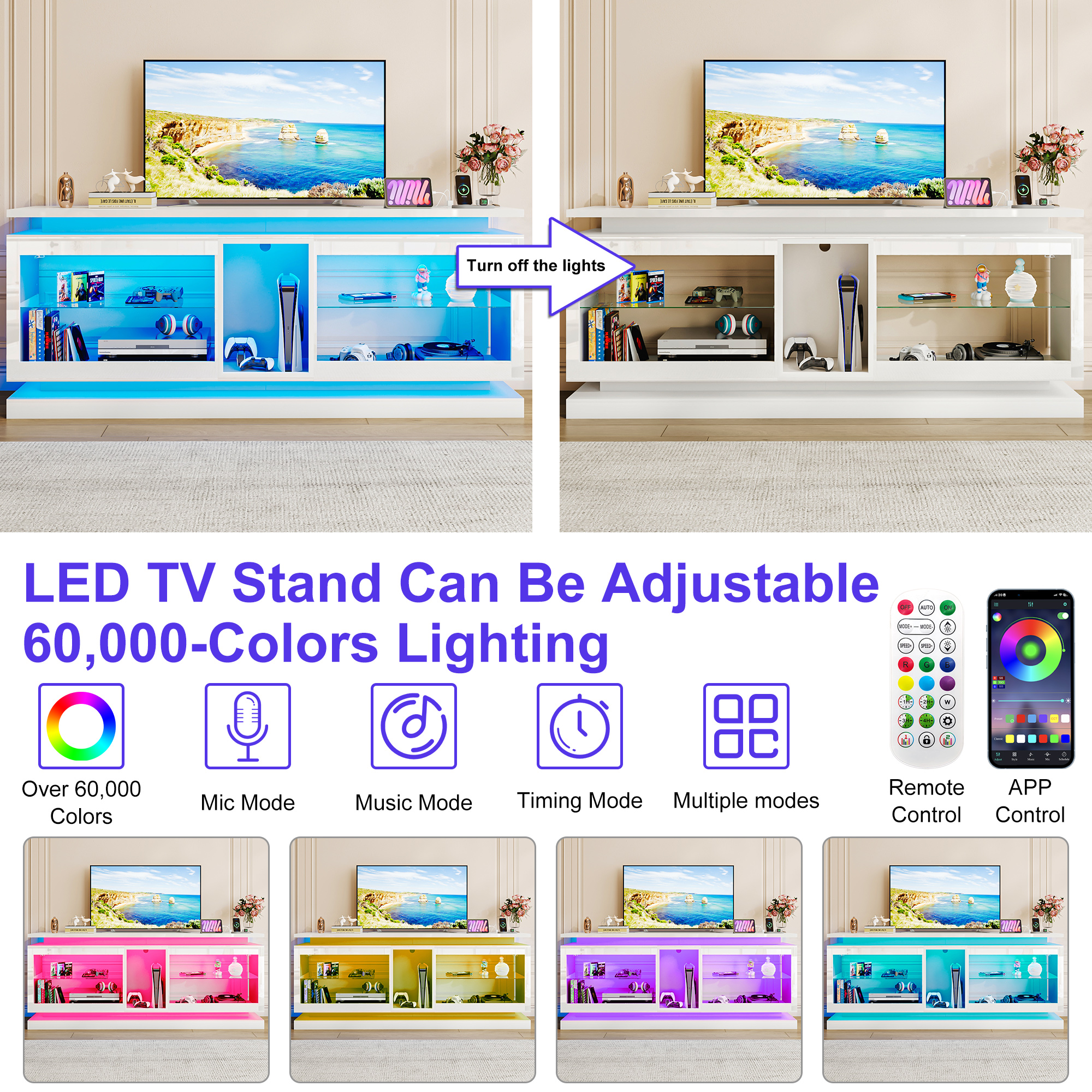 LED TV Stand for 70/75/80 Inch TVs,Modern Entertainment Center High Gloss Large TV Stand with Adjustable Shelves,Gaming TV Console with Power Outlets,Black
