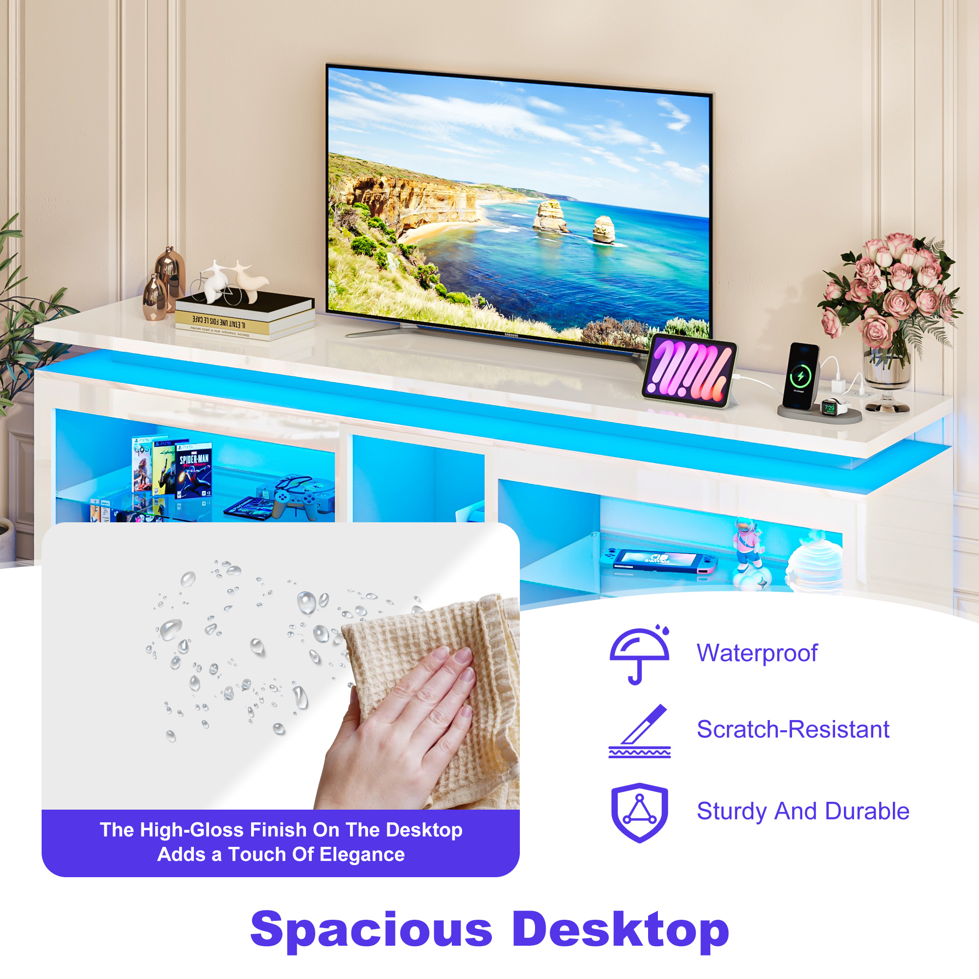LED TV Stand for 70/75/80 Inch TVs,Modern Entertainment Center High Gloss Large TV Stand with Adjustable Shelves,Gaming TV Console with Power Outlets,Black