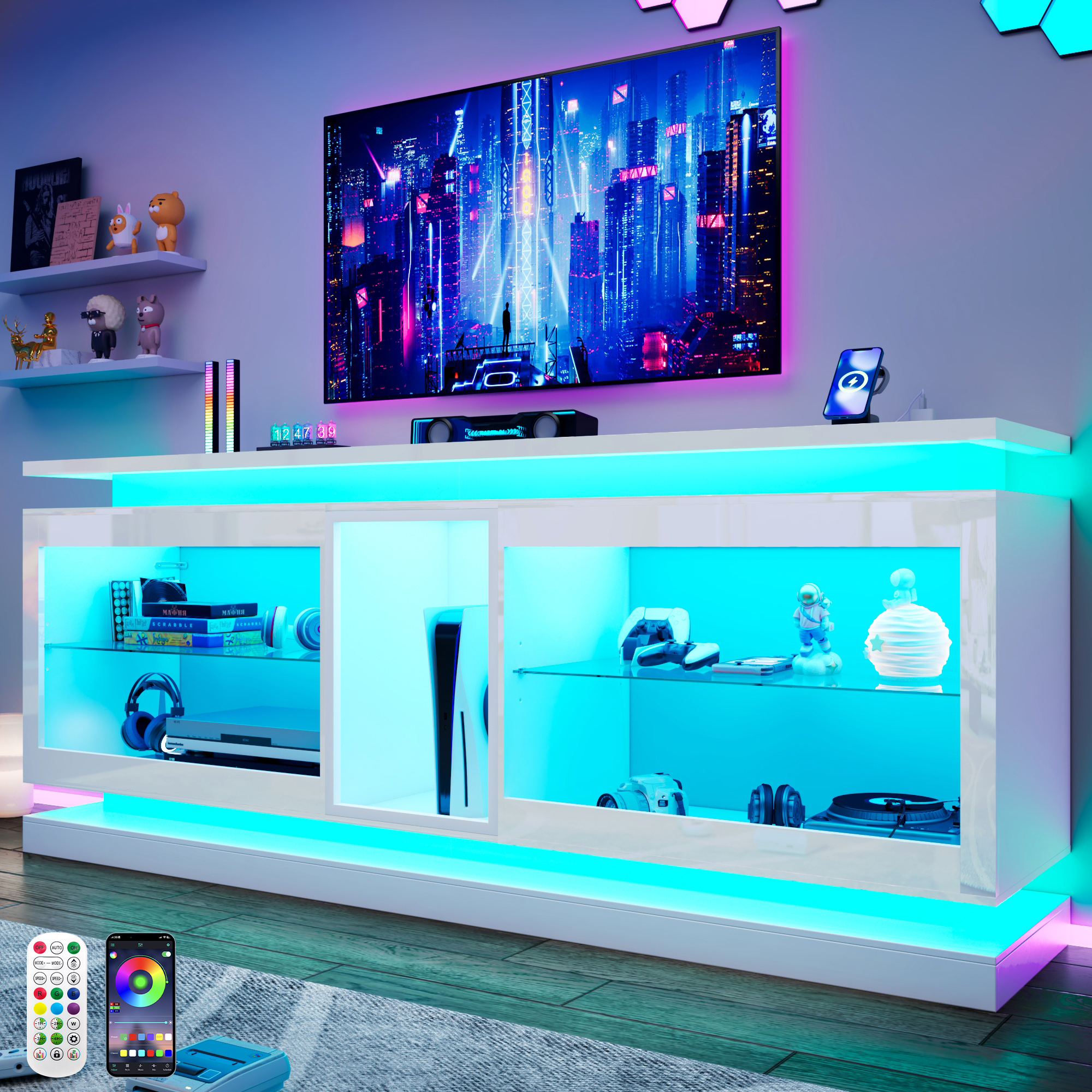LED TV Stand for 70/75/80 Inch TVs,Modern Entertainment Center High Gloss Large TV Stand with Adjustable Shelves,Gaming TV Console with Power Outlets,Black