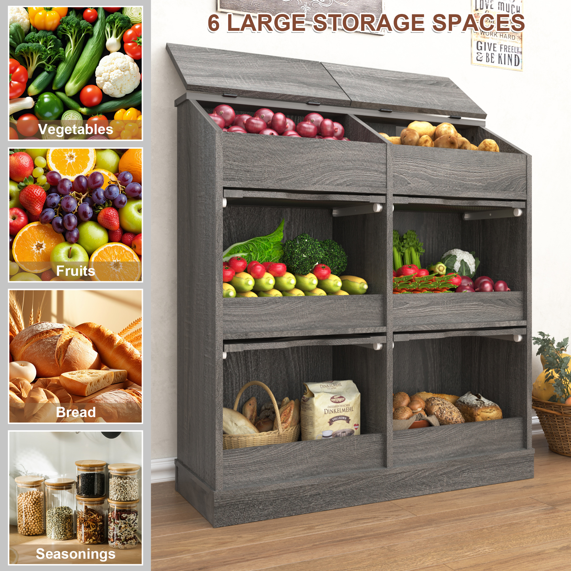 ChVans Large Wood Bread Box for Potato, Onion, Veggie Bin W/6 Compartment Storage, Farmhouse Potato Storage Bin W/Breathable Mesh Doors, Root Vegetable & Bread Keeper