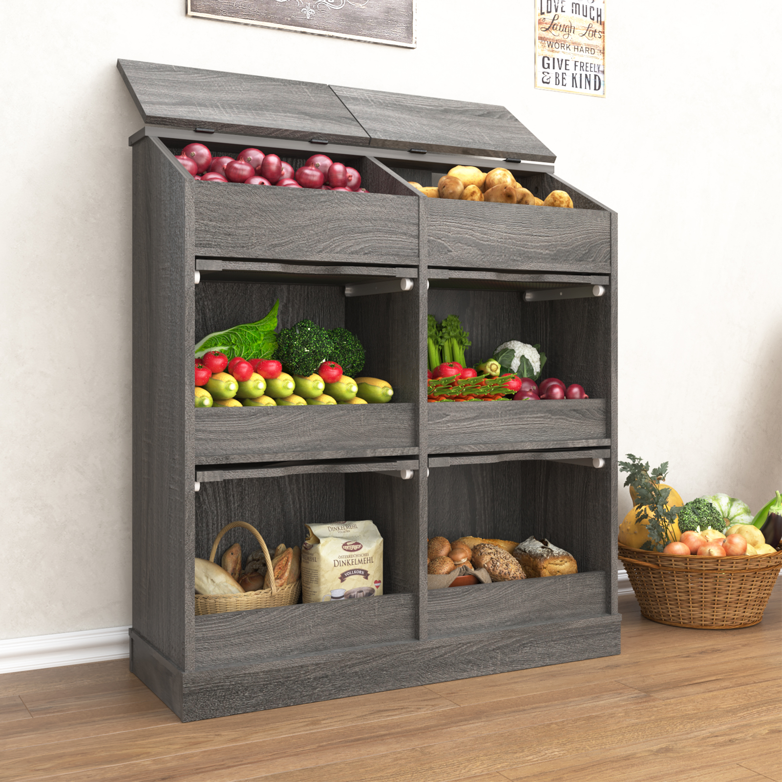 ChVans Large Wood Bread Box for Potato, Onion, Veggie Bin W/6 Compartment Storage, Farmhouse Potato Storage Bin W/Breathable Mesh Doors, Root Vegetable & Bread Keeper