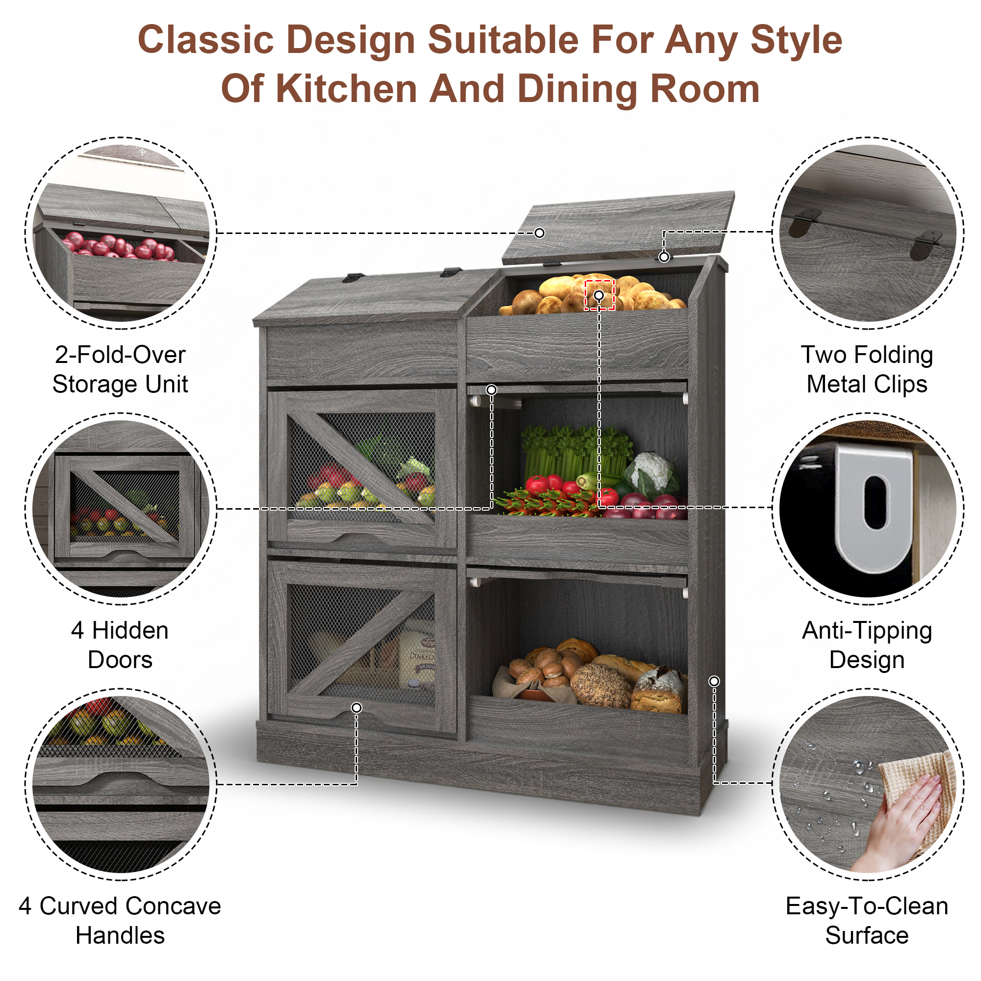 ChVans Large Wood Bread Box for Potato, Onion, Veggie Bin W/6 Compartment Storage, Farmhouse Potato Storage Bin W/Breathable Mesh Doors, Root Vegetable & Bread Keeper