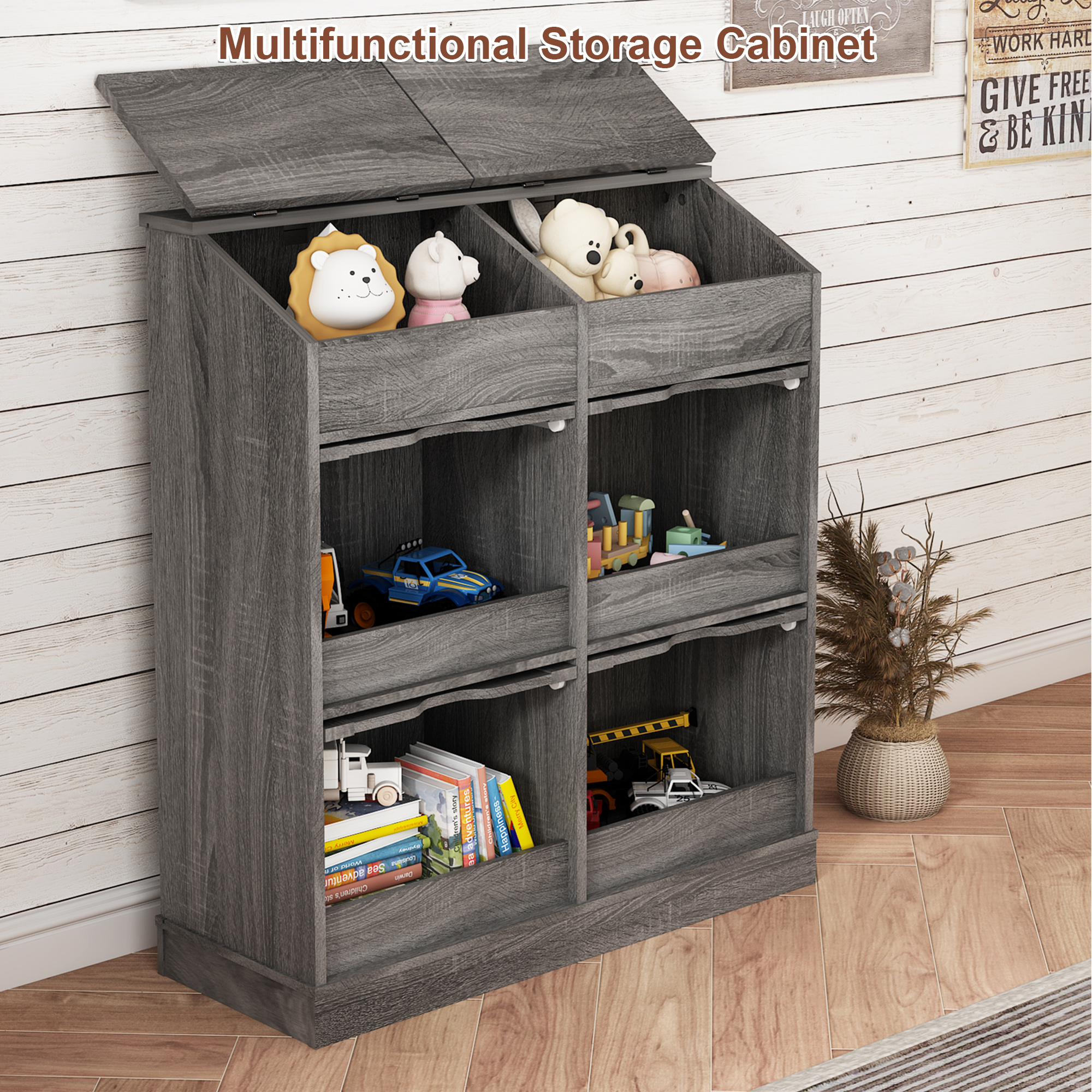 ChVans Large Wood Bread Box for Potato, Onion, Veggie Bin W/6 Compartment Storage, Farmhouse Potato Storage Bin W/Breathable Mesh Doors, Root Vegetable & Bread Keeper