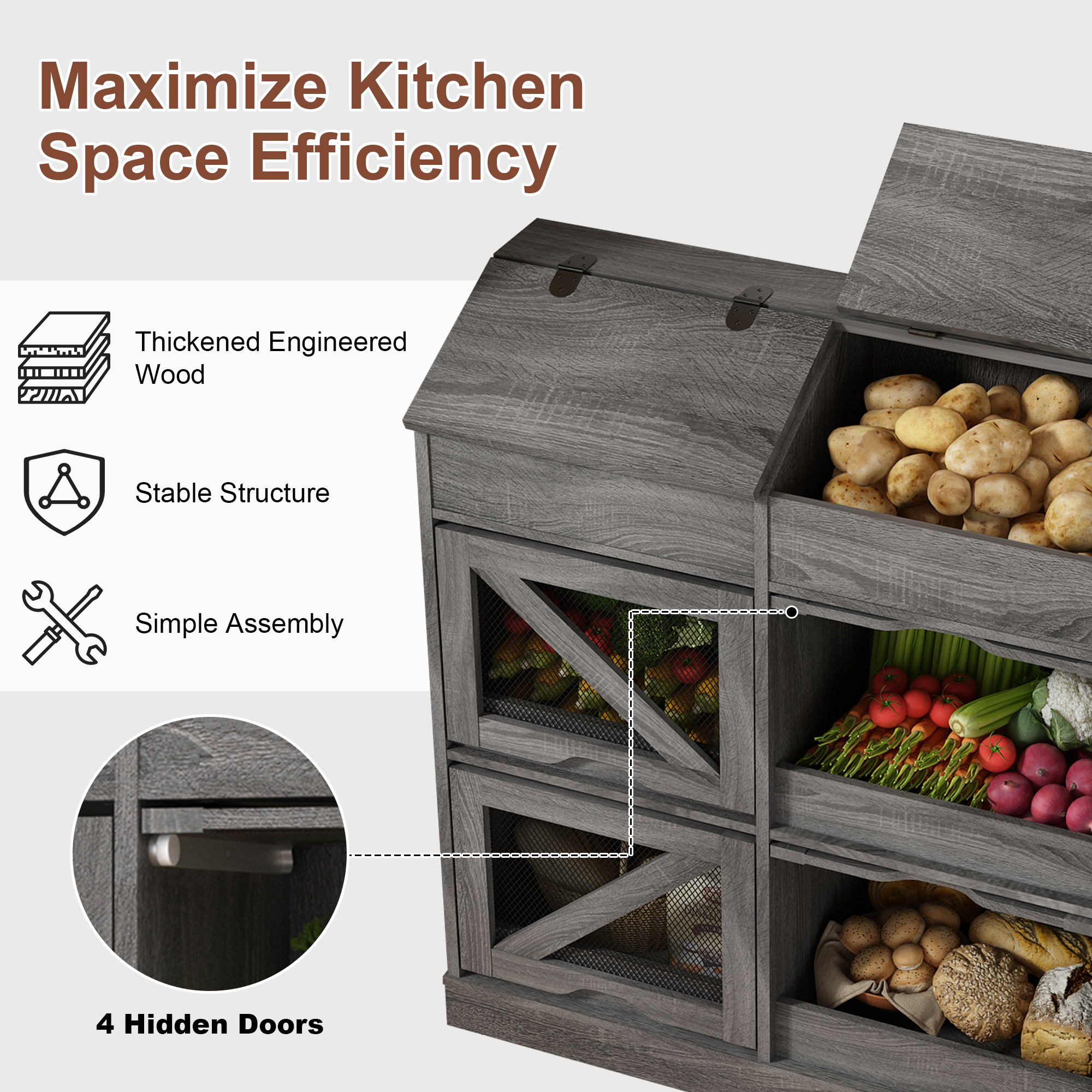 ChVans Large Wood Bread Box for Potato, Onion, Veggie Bin W/6 Compartment Storage, Farmhouse Potato Storage Bin W/Breathable Mesh Doors, Root Vegetable & Bread Keeper