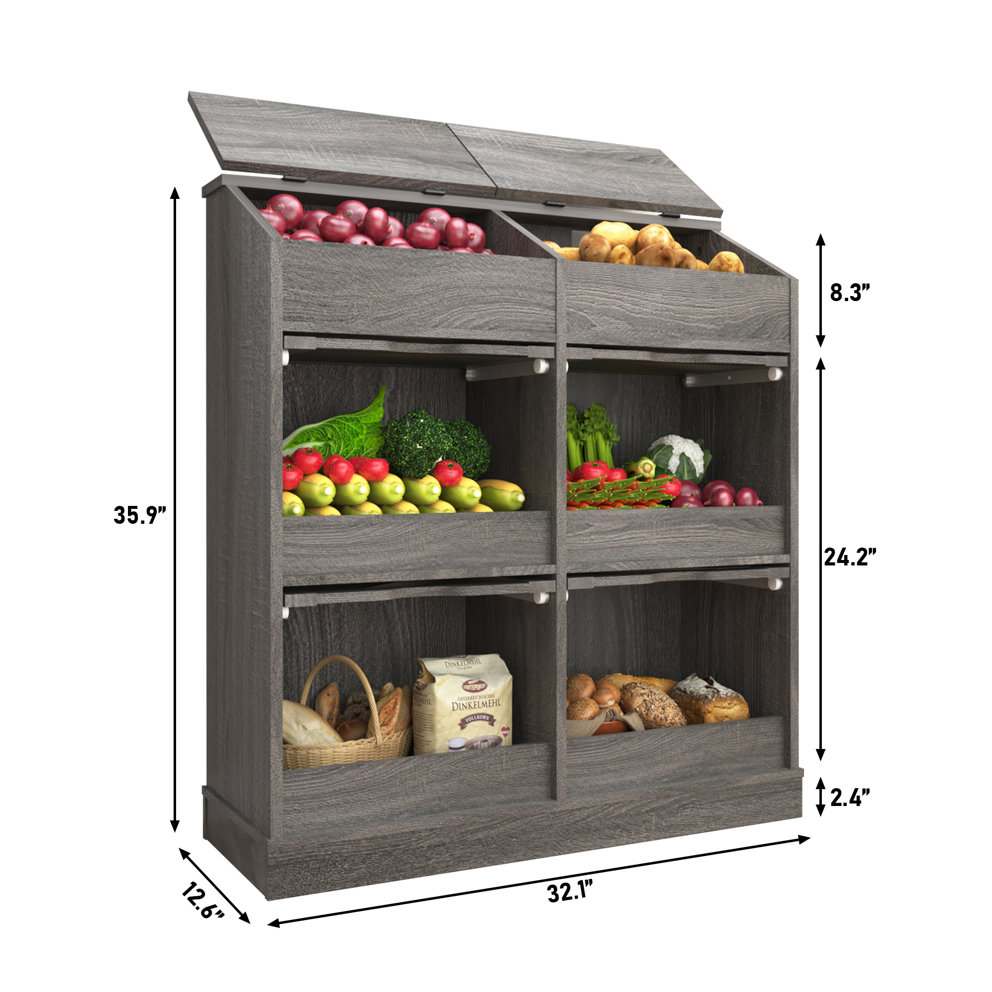 ChVans Large Wood Bread Box for Potato, Onion, Veggie Bin W/6 Compartment Storage, Farmhouse Potato Storage Bin W/Breathable Mesh Doors, Root Vegetable & Bread Keeper