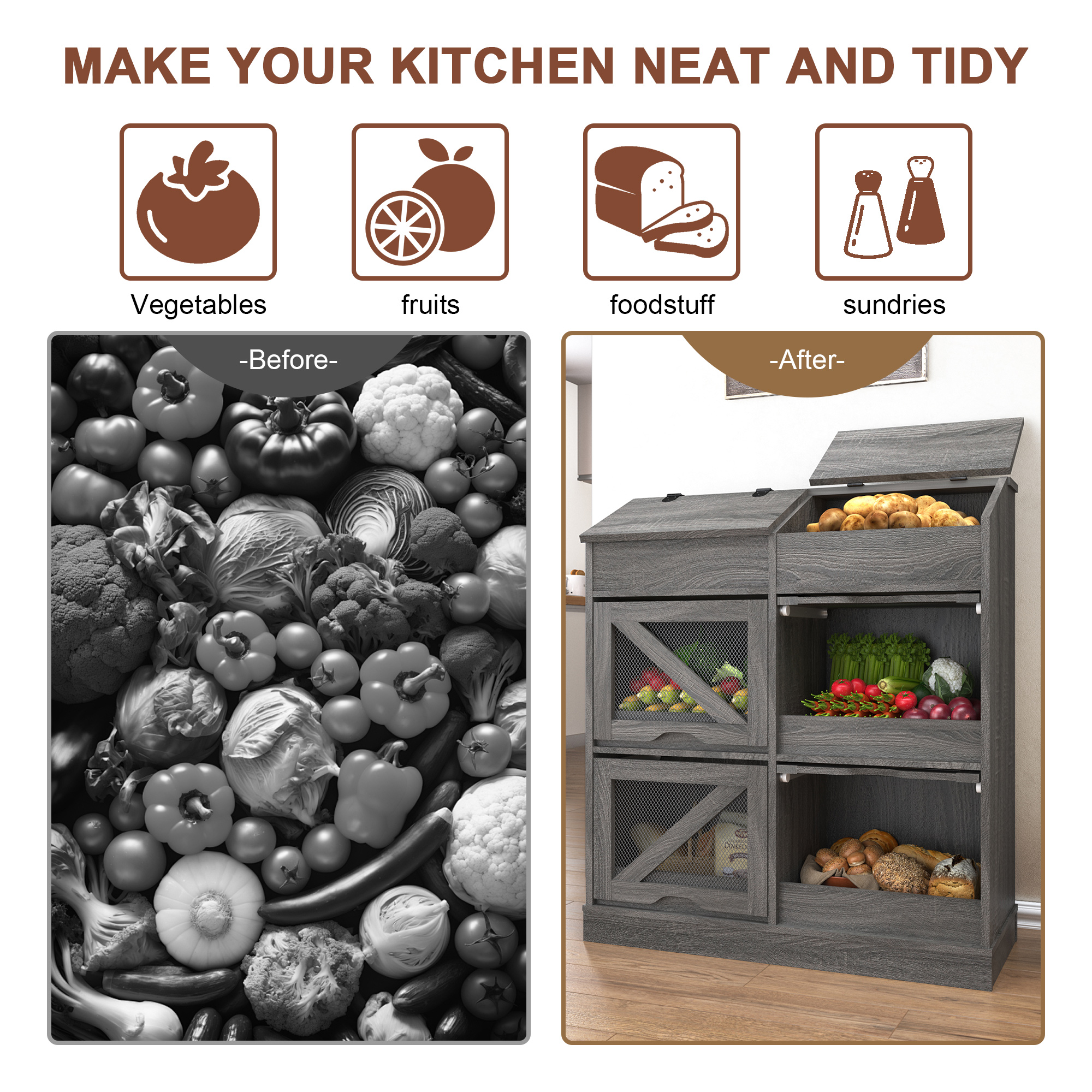 ChVans Large Wood Bread Box for Potato, Onion, Veggie Bin W/6 Compartment Storage, Farmhouse Potato Storage Bin W/Breathable Mesh Doors, Root Vegetable & Bread Keeper