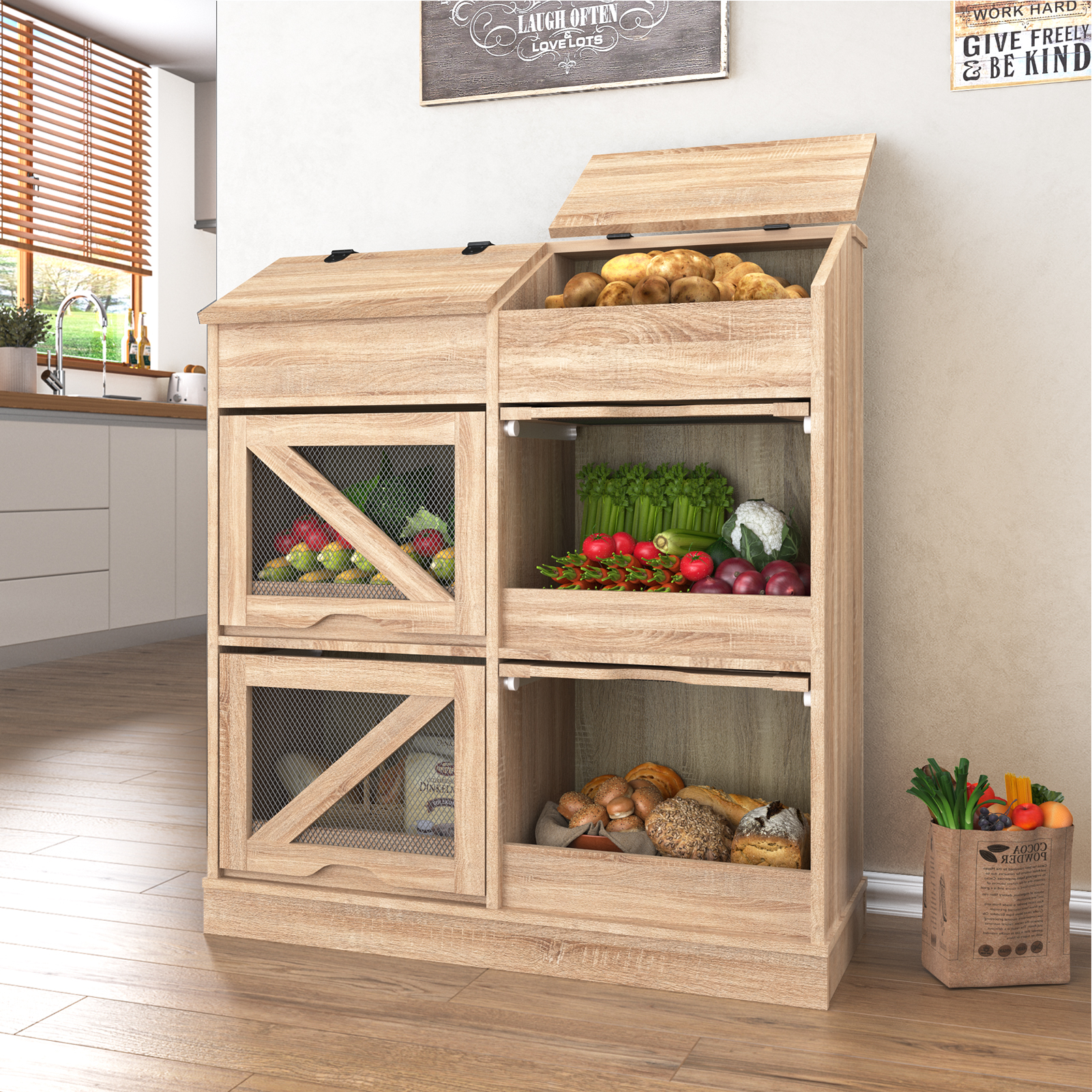 ChVans Large Wood Bread Box for Potato, Onion, Veggie Bin W/6 Compartment Storage, Farmhouse Potato Storage Bin W/Breathable Mesh Doors, Root Vegetable & Bread Keeper