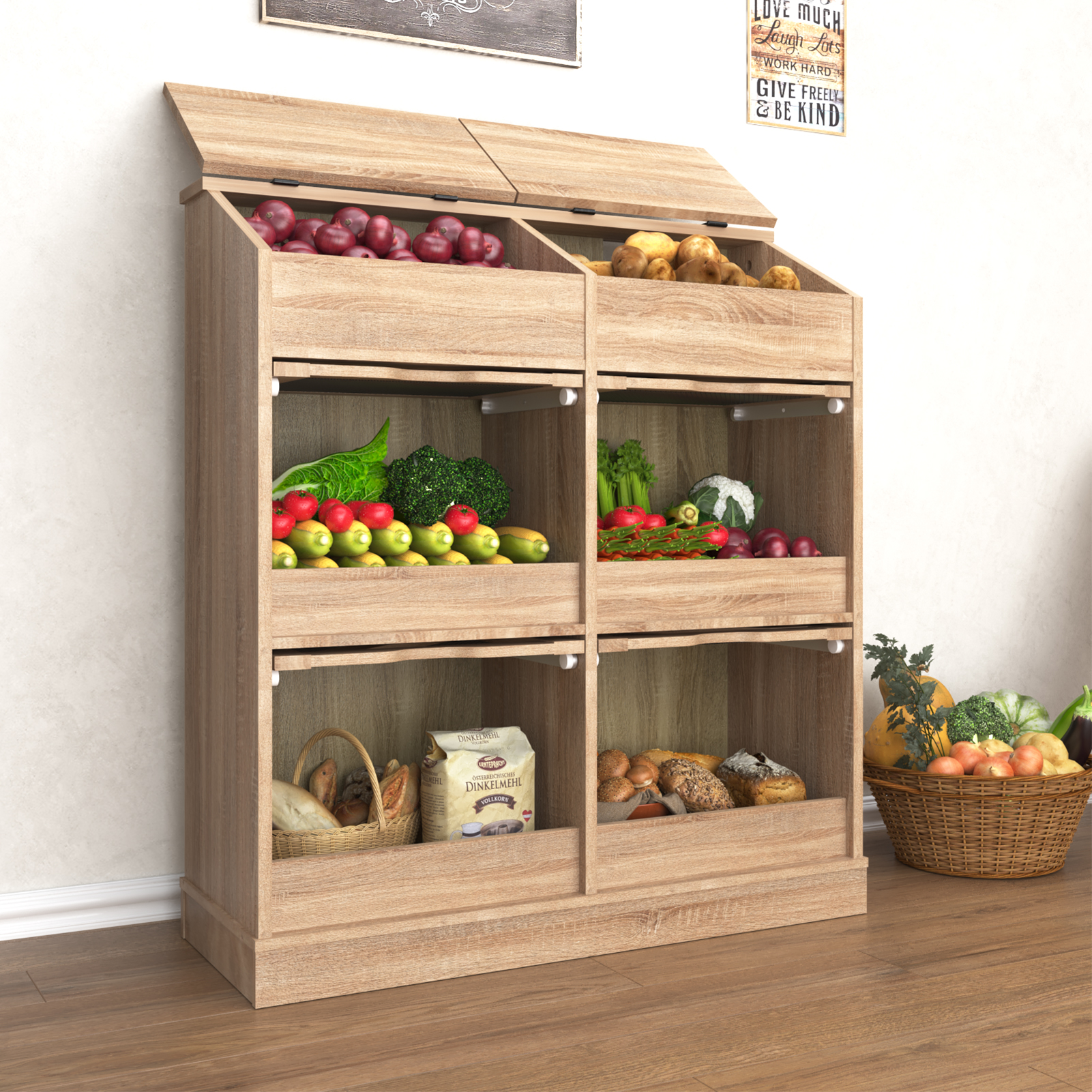 ChVans Large Wood Bread Box for Potato, Onion, Veggie Bin W/6 Compartment Storage, Farmhouse Potato Storage Bin W/Breathable Mesh Doors, Root Vegetable & Bread Keeper