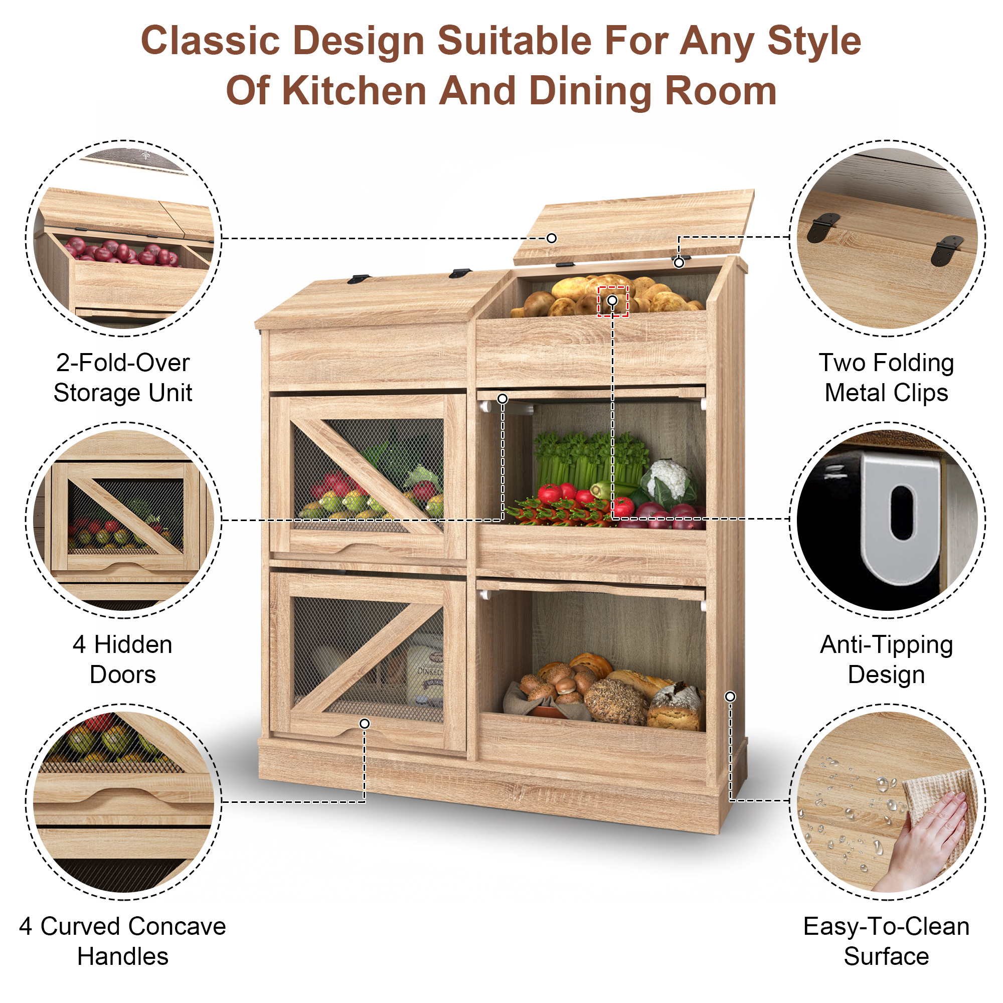 ChVans Large Wood Bread Box for Potato, Onion, Veggie Bin W/6 Compartment Storage, Farmhouse Potato Storage Bin W/Breathable Mesh Doors, Root Vegetable & Bread Keeper