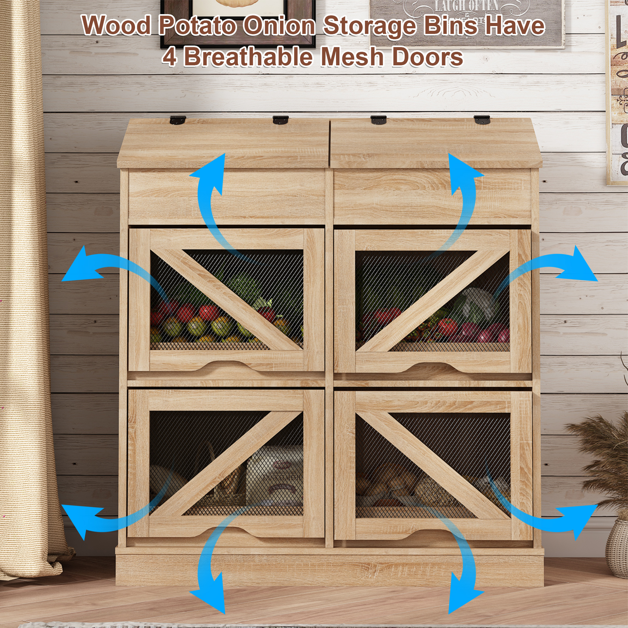 ChVans Large Wood Bread Box for Potato, Onion, Veggie Bin W/6 Compartment Storage, Farmhouse Potato Storage Bin W/Breathable Mesh Doors, Root Vegetable & Bread Keeper