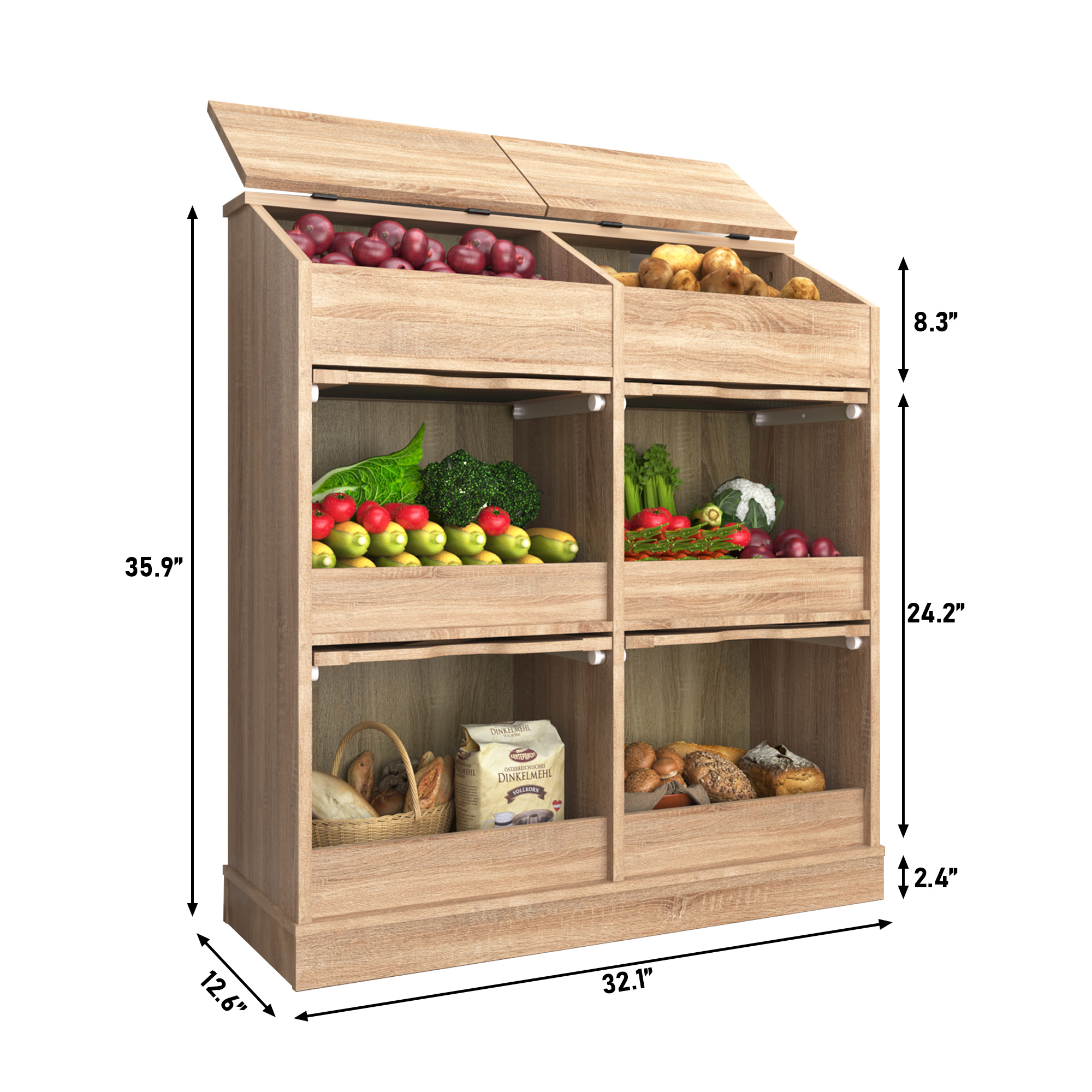 ChVans Large Wood Bread Box for Potato, Onion, Veggie Bin W/6 Compartment Storage, Farmhouse Potato Storage Bin W/Breathable Mesh Doors, Root Vegetable & Bread Keeper