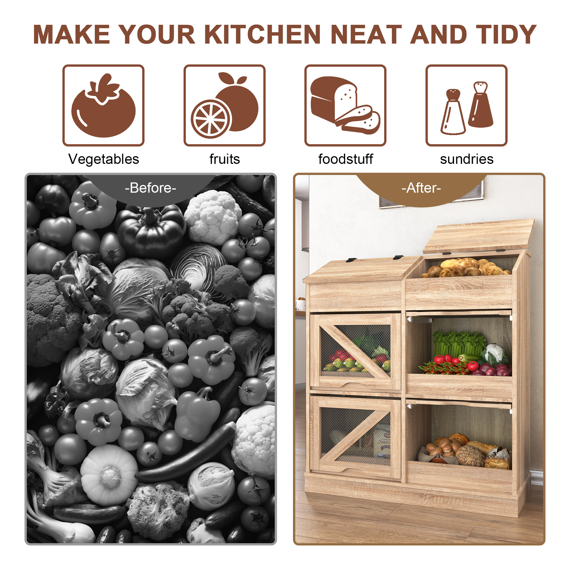 ChVans Large Wood Bread Box for Potato, Onion, Veggie Bin W/6 Compartment Storage, Farmhouse Potato Storage Bin W/Breathable Mesh Doors, Root Vegetable & Bread Keeper