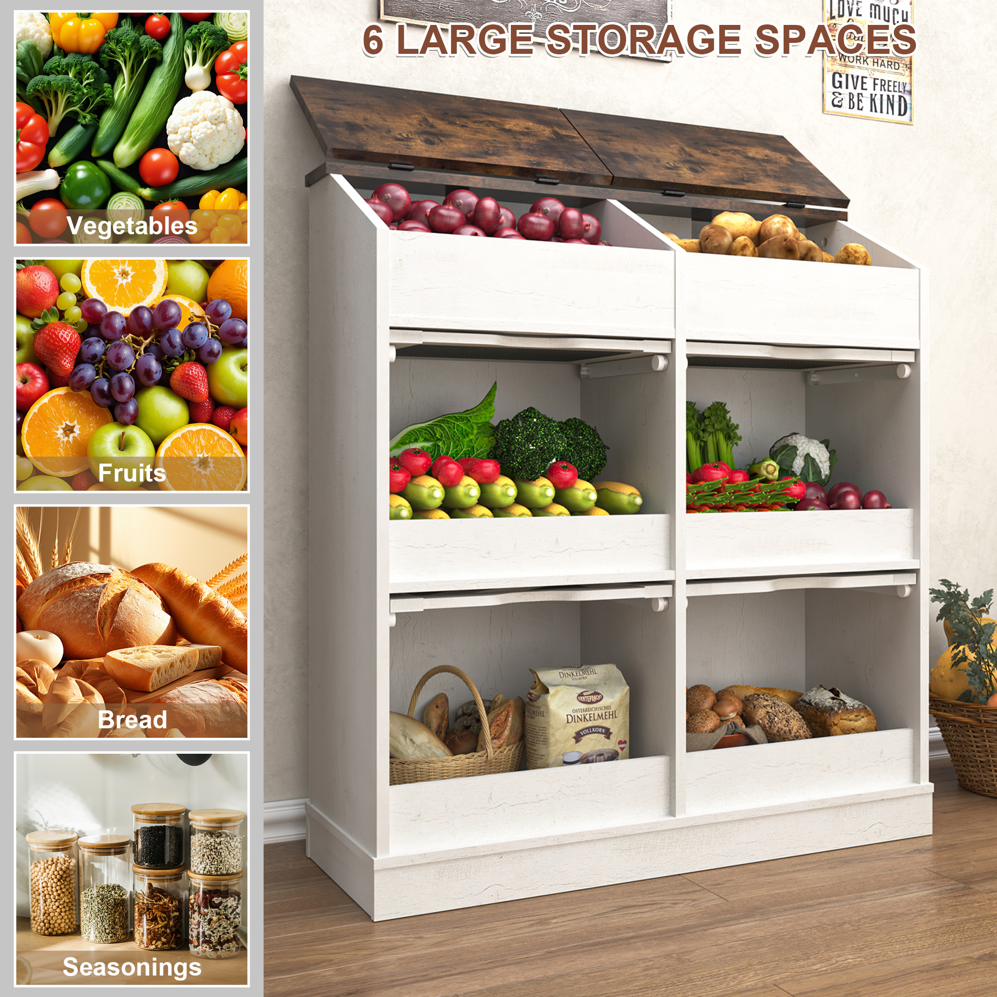 ChVans Large Wood Bread Box for Potato, Onion, Veggie Bin W/6 Compartment Storage, Farmhouse Potato Storage Bin W/Breathable Mesh Doors, Root Vegetable & Bread Keeper