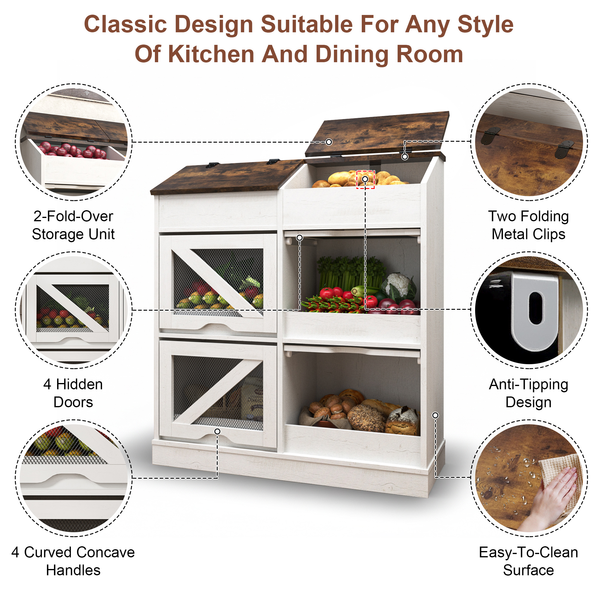 ChVans Large Wood Bread Box for Potato, Onion, Veggie Bin W/6 Compartment Storage, Farmhouse Potato Storage Bin W/Breathable Mesh Doors, Root Vegetable & Bread Keeper