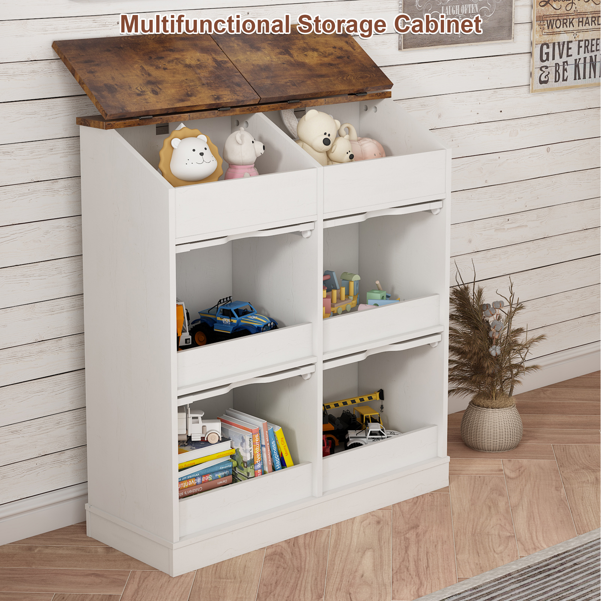 ChVans Large Wood Bread Box for Potato, Onion, Veggie Bin W/6 Compartment Storage, Farmhouse Potato Storage Bin W/Breathable Mesh Doors, Root Vegetable & Bread Keeper