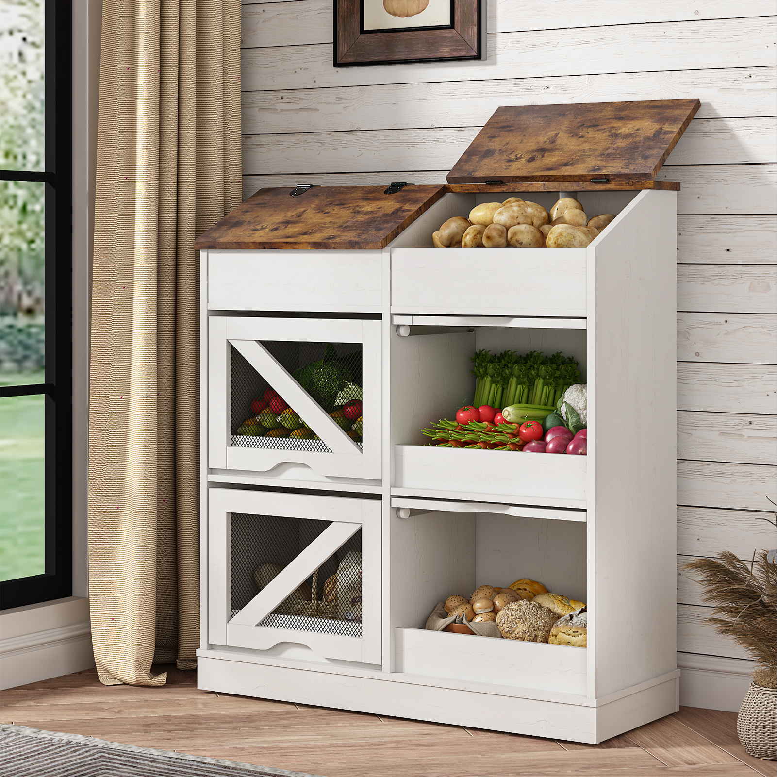 ChVans Large Wood Bread Box for Potato, Onion, Veggie Bin W/6 Compartment Storage, Farmhouse Potato Storage Bin W/Breathable Mesh Doors, Root Vegetable & Bread Keeper