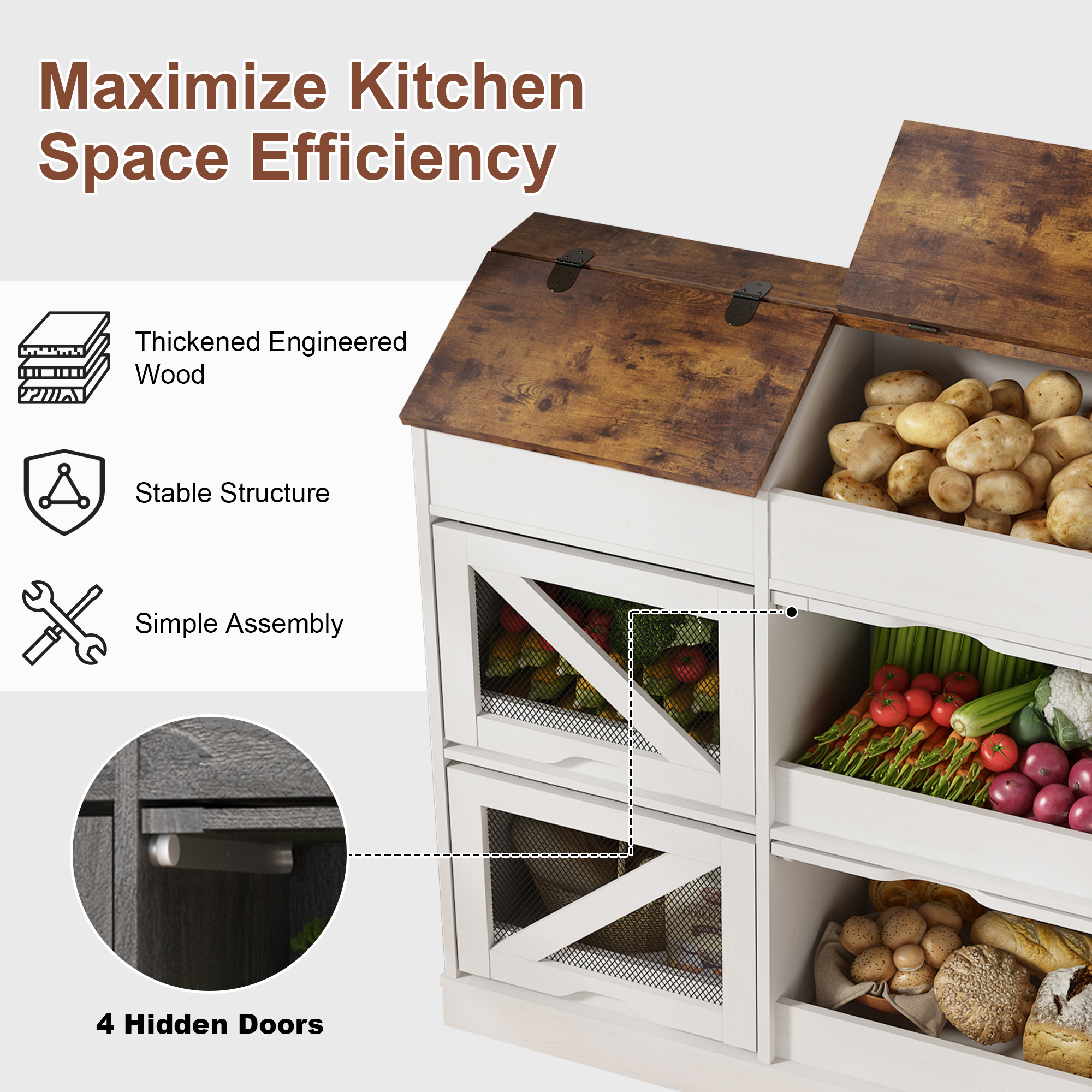 ChVans Large Wood Bread Box for Potato, Onion, Veggie Bin W/6 Compartment Storage, Farmhouse Potato Storage Bin W/Breathable Mesh Doors, Root Vegetable & Bread Keeper