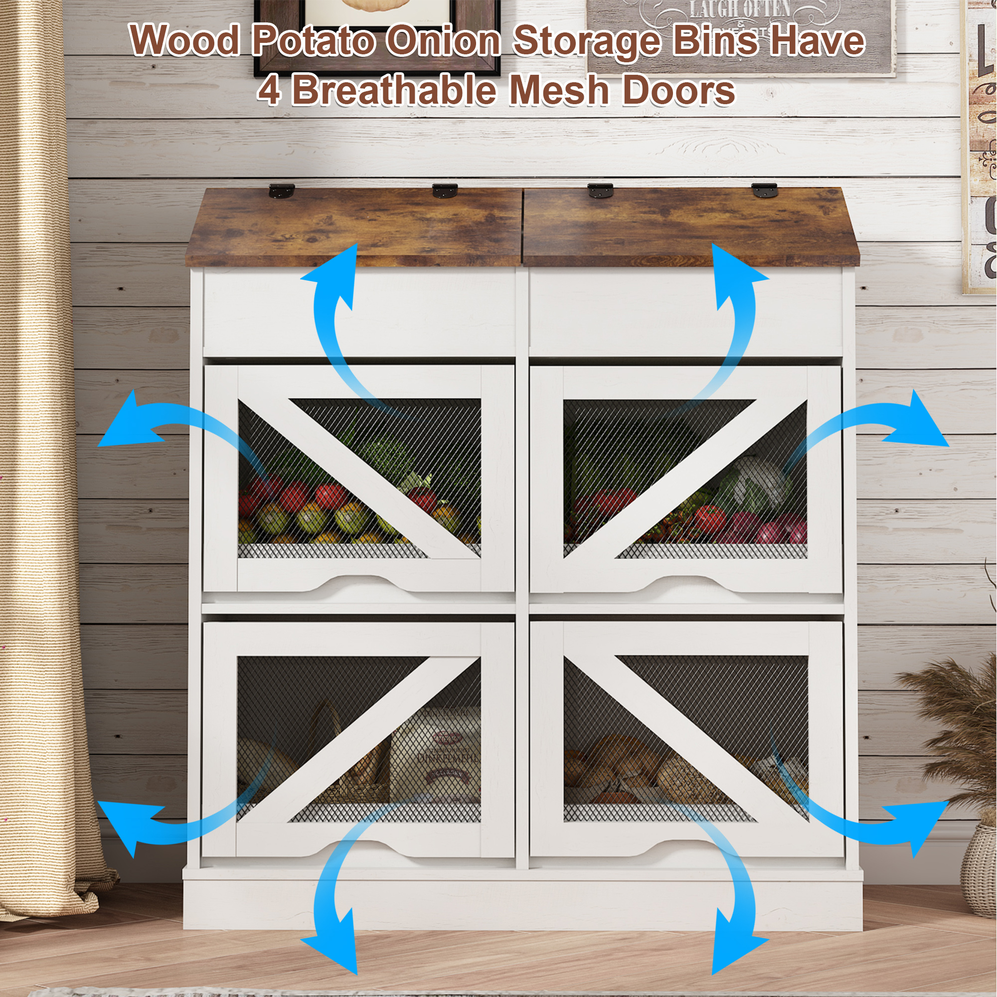 ChVans Large Wood Bread Box for Potato, Onion, Veggie Bin W/6 Compartment Storage, Farmhouse Potato Storage Bin W/Breathable Mesh Doors, Root Vegetable & Bread Keeper