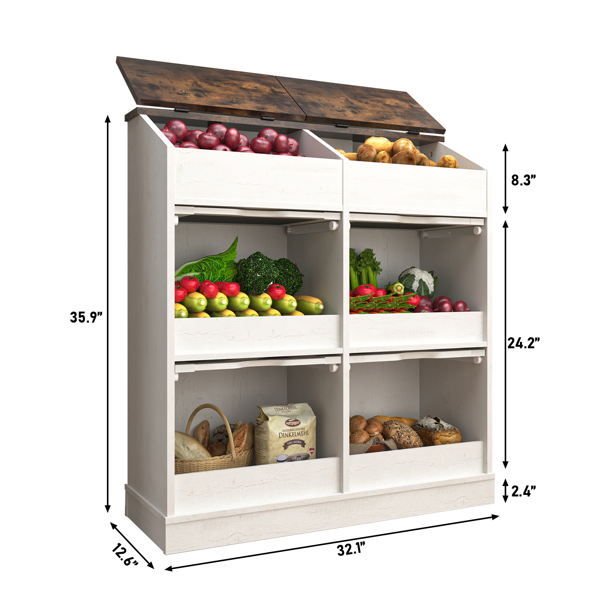 ChVans Large Wood Bread Box for Potato, Onion, Veggie Bin W/6 Compartment Storage, Farmhouse Potato Storage Bin W/Breathable Mesh Doors, Root Vegetable & Bread Keeper