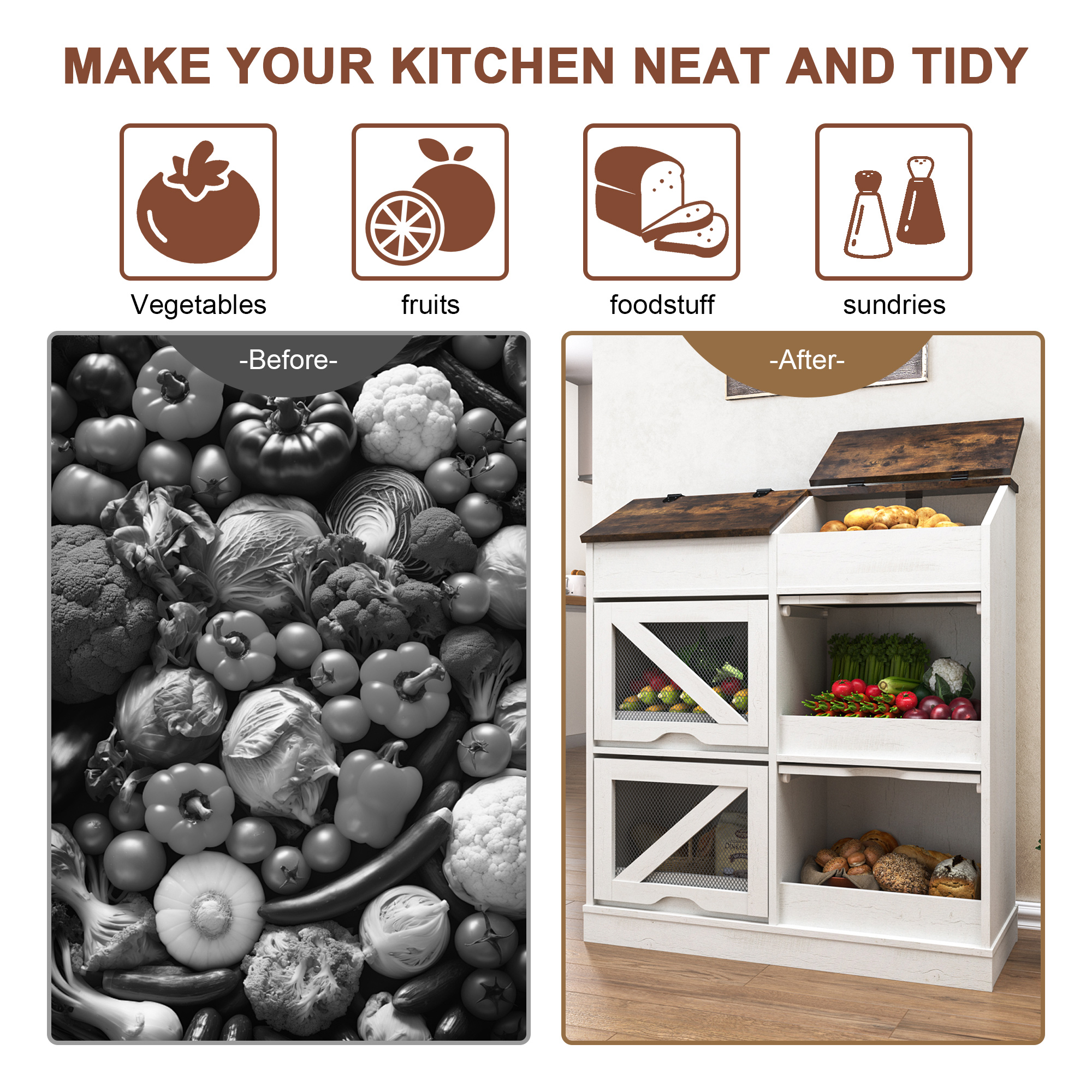 ChVans Large Wood Bread Box for Potato, Onion, Veggie Bin W/6 Compartment Storage, Farmhouse Potato Storage Bin W/Breathable Mesh Doors, Root Vegetable & Bread Keeper