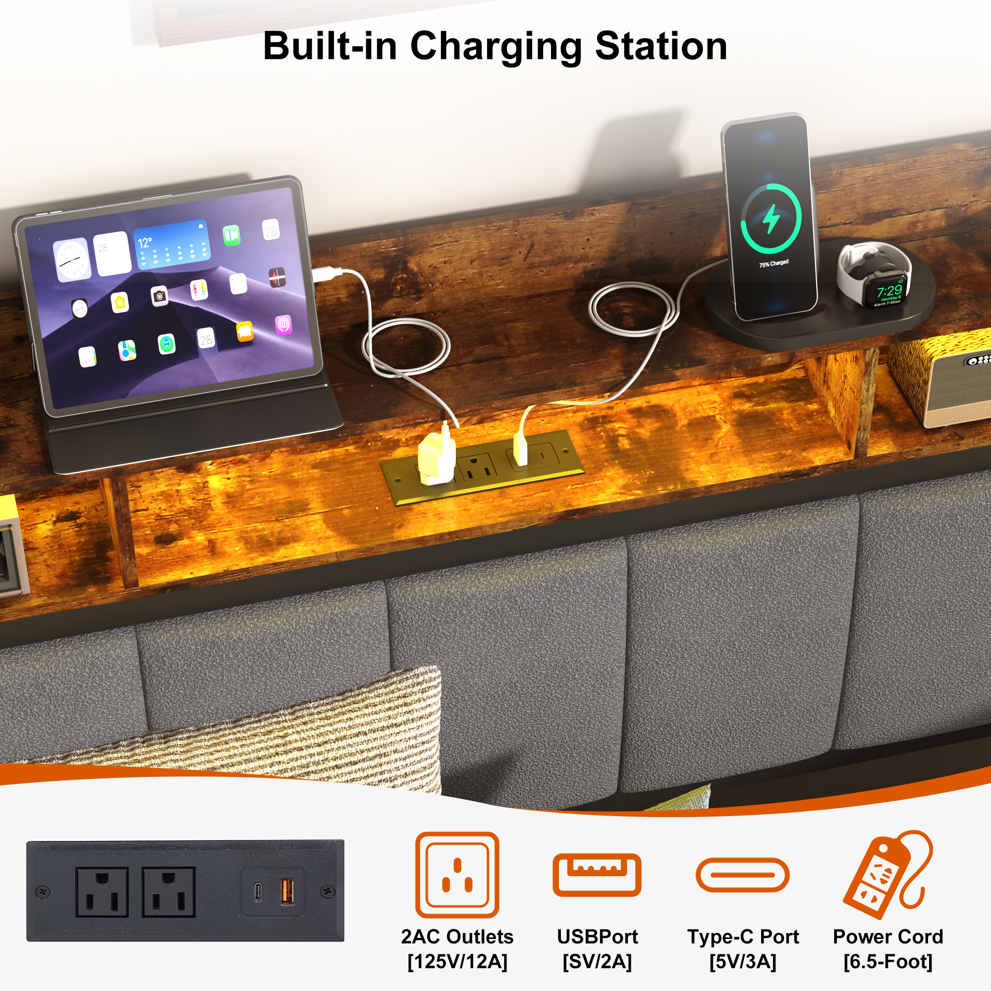 ANPOO Twin Daybed with Trundle, Upholstered Sofa Bed Frame with Charging Station & LED Lights, Heavy Duty Metal Day Bed with Storage Pockets, No Box Spring Needed, for Living Room Bedroom