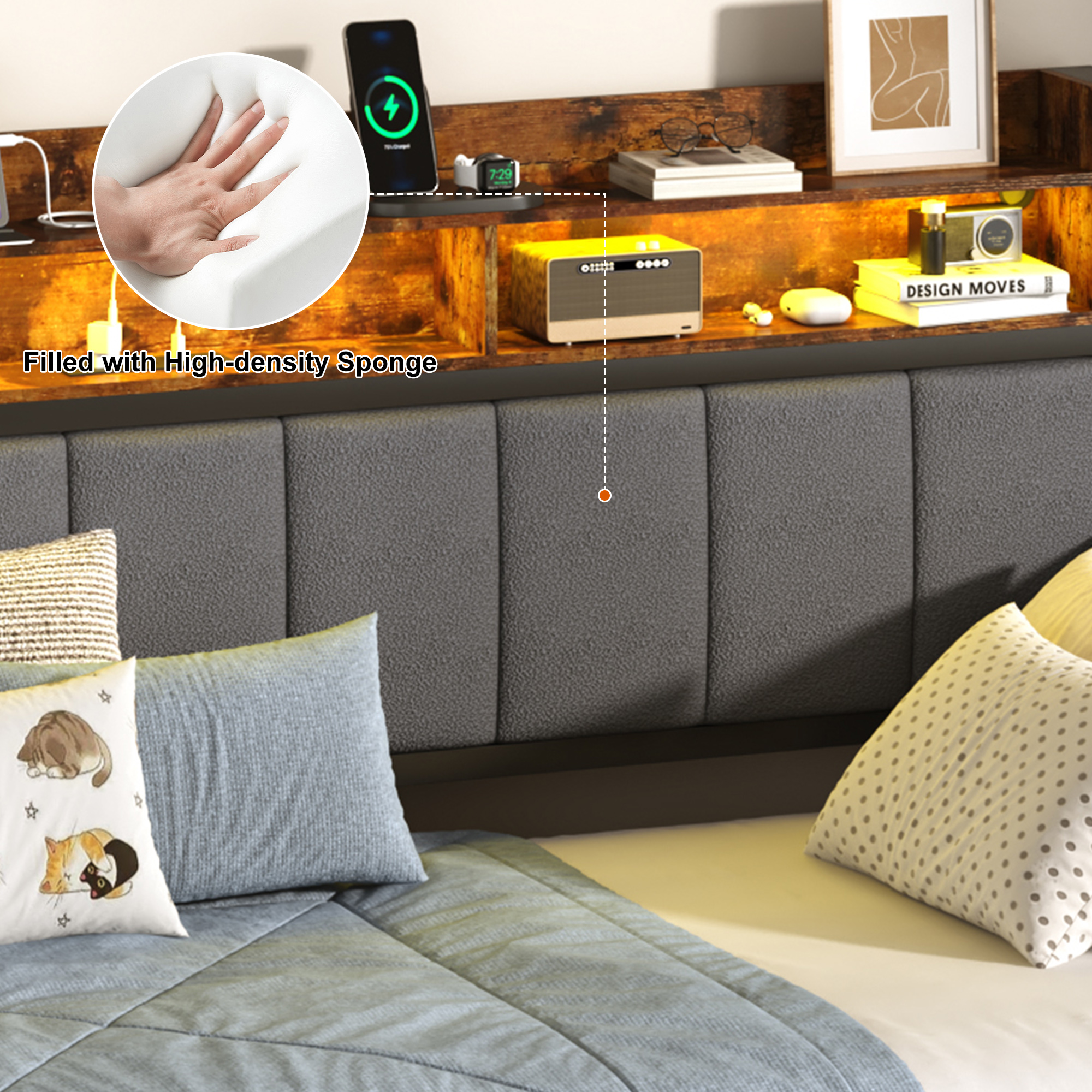 ANPOO Twin Daybed with Trundle, Upholstered Sofa Bed Frame with Charging Station & LED Lights, Heavy Duty Metal Day Bed with Storage Pockets, No Box Spring Needed, for Living Room Bedroom