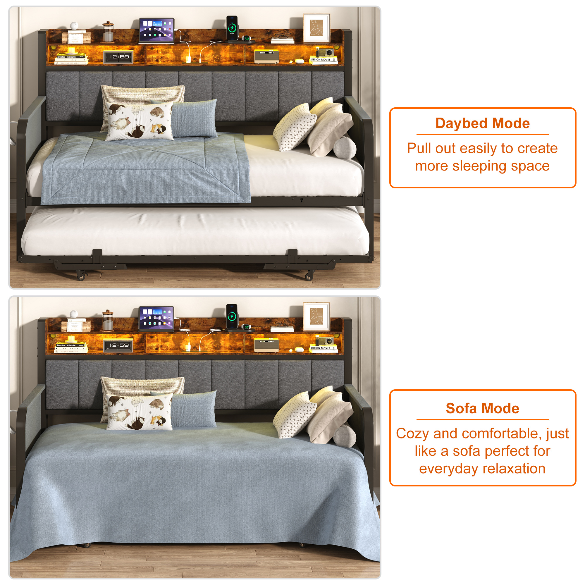 ANPOO Twin Daybed with Trundle, Upholstered Sofa Bed Frame with Charging Station & LED Lights, Heavy Duty Metal Day Bed with Storage Pockets, No Box Spring Needed, for Living Room Bedroom