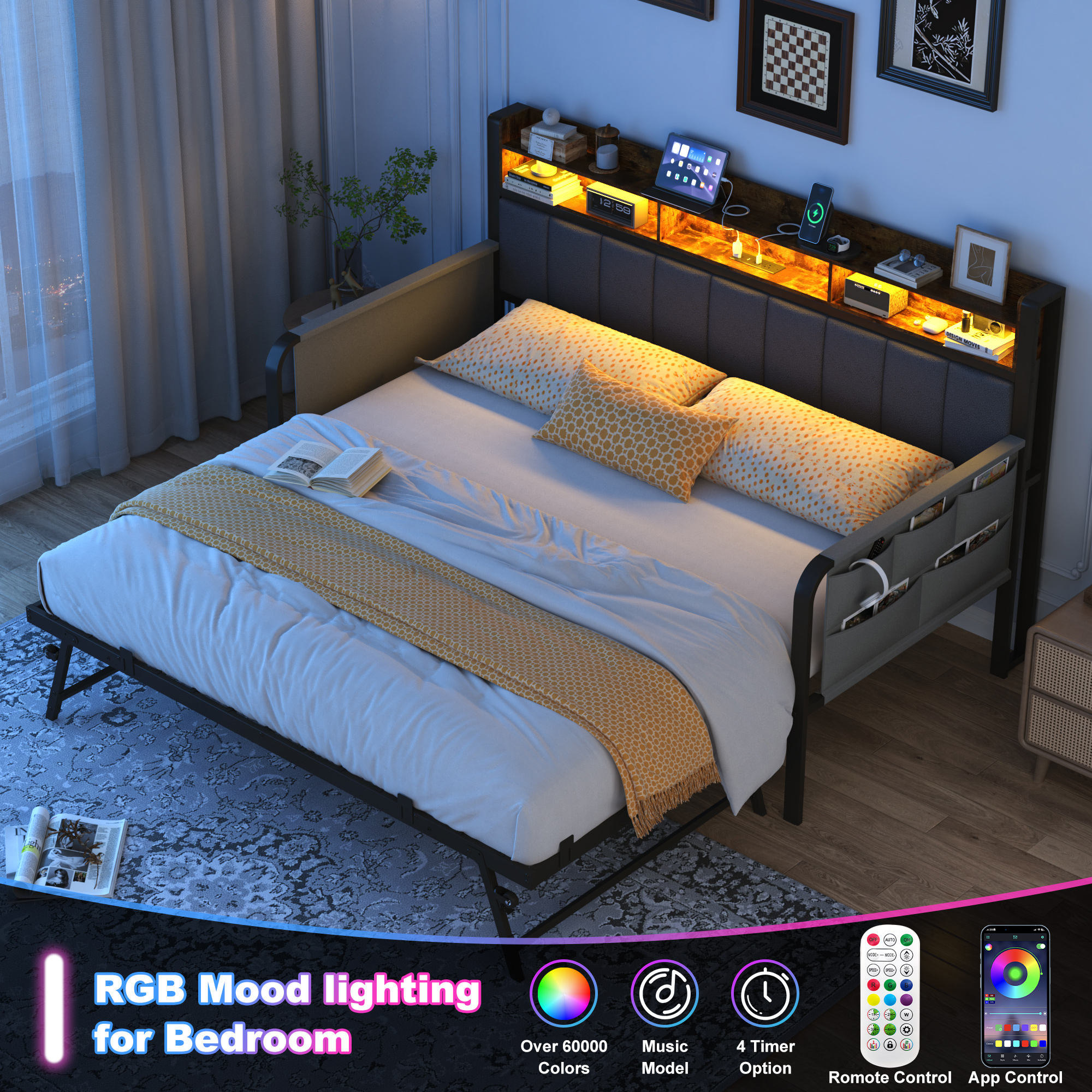 ANPOO Twin Daybed with Trundle, Upholstered Sofa Bed Frame with Charging Station & LED Lights, Heavy Duty Metal Day Bed with Storage Pockets, No Box Spring Needed, for Living Room Bedroom