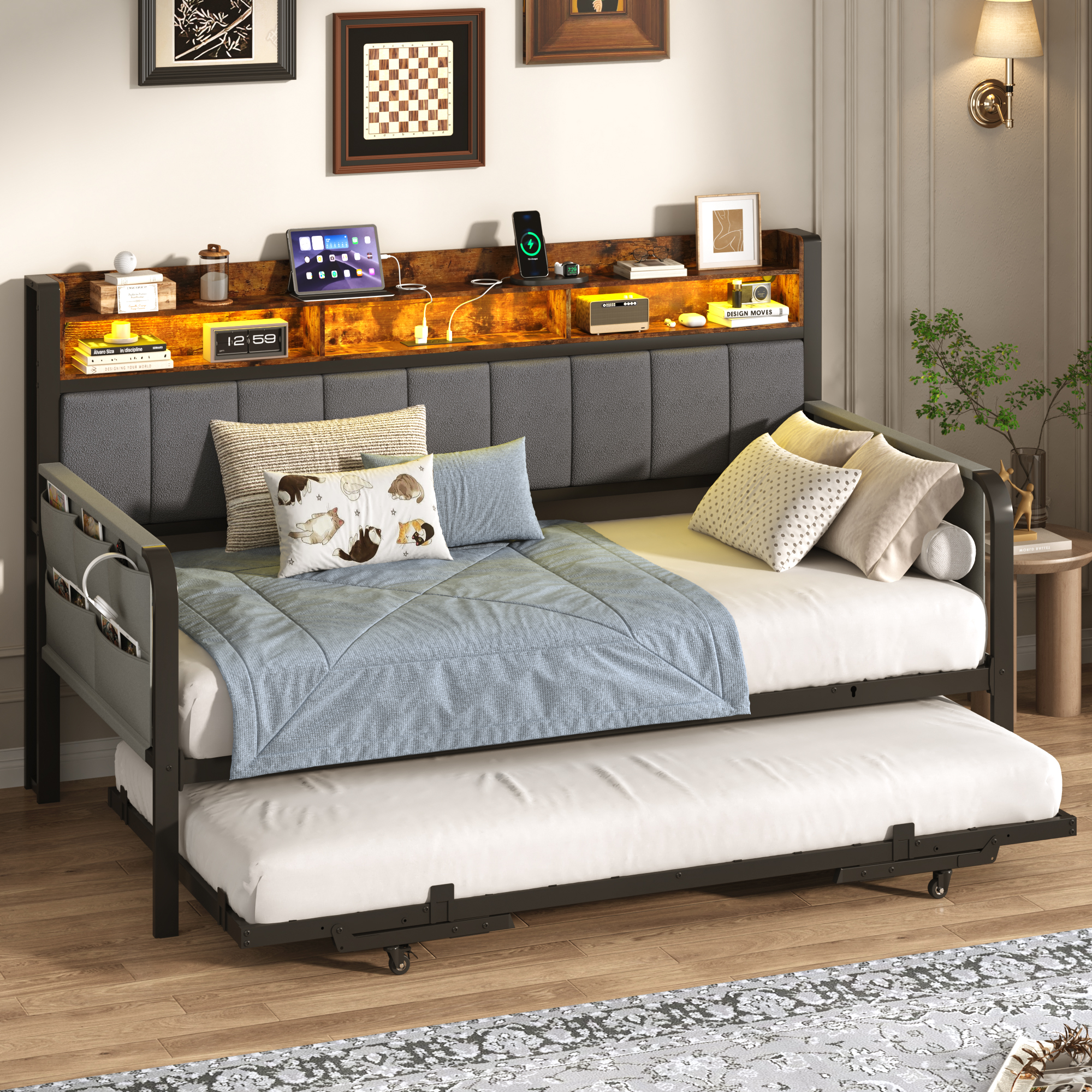 ANPOO Twin Daybed with Trundle, Upholstered Sofa Bed Frame with Charging Station & LED Lights, Heavy Duty Metal Day Bed with Storage Pockets, No Box Spring Needed, for Living Room Bedroom