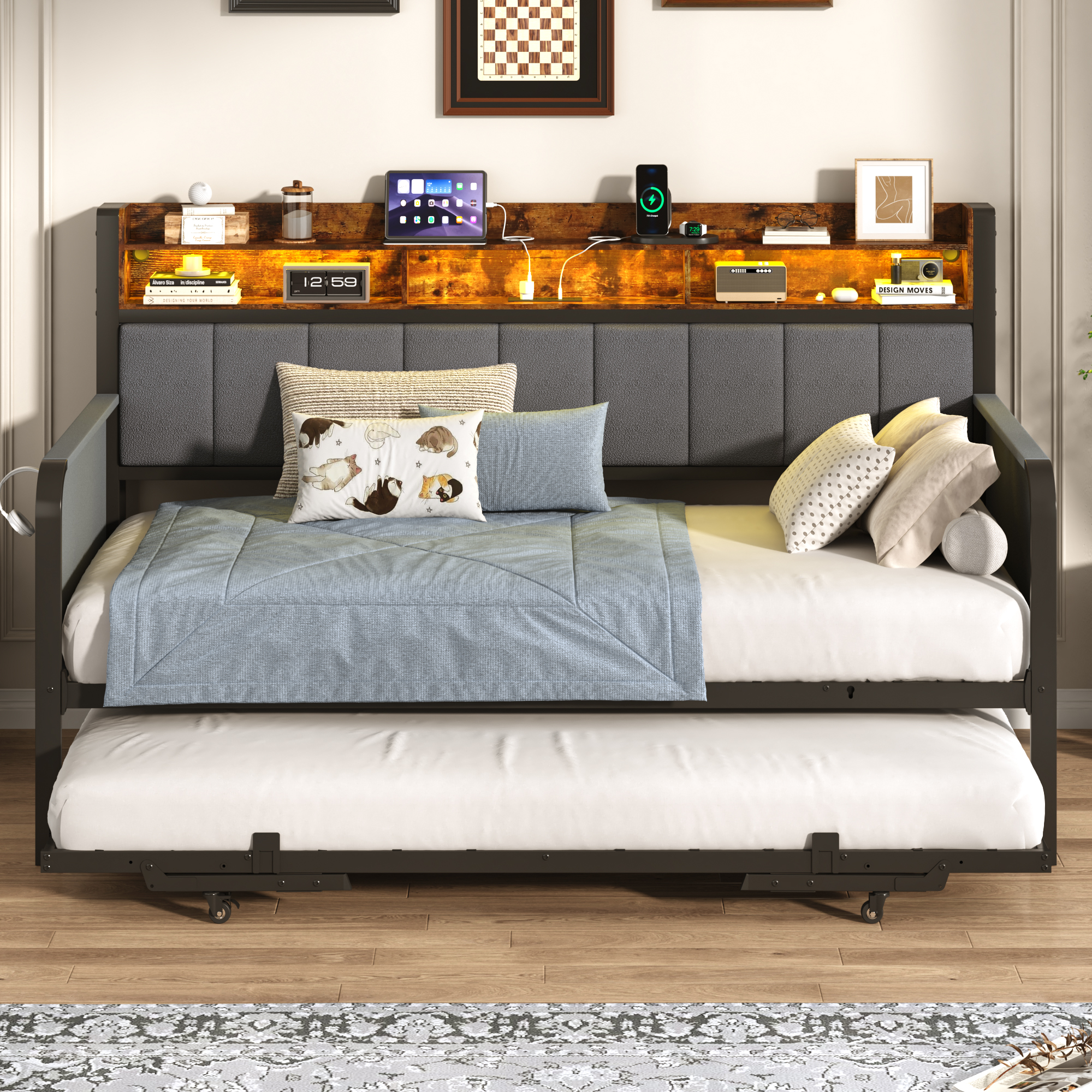 ANPOO Twin Daybed with Trundle, Upholstered Sofa Bed Frame with Charging Station & LED Lights, Heavy Duty Metal Day Bed with Storage Pockets, No Box Spring Needed, for Living Room Bedroom