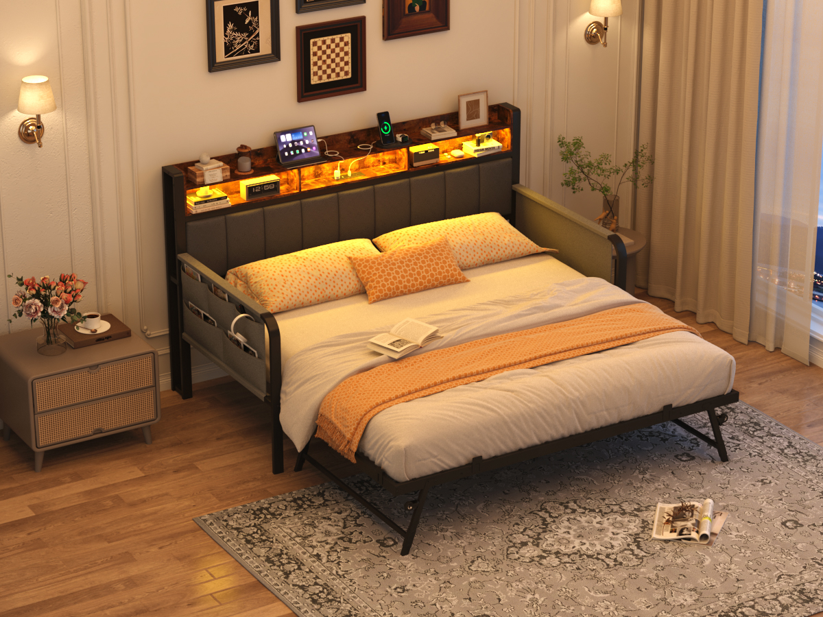 ANPOO Twin Daybed with Trundle, Upholstered Sofa Bed Frame with Charging Station & LED Lights, Heavy Duty Metal Day Bed with Storage Pockets, No Box Spring Needed, for Living Room Bedroom