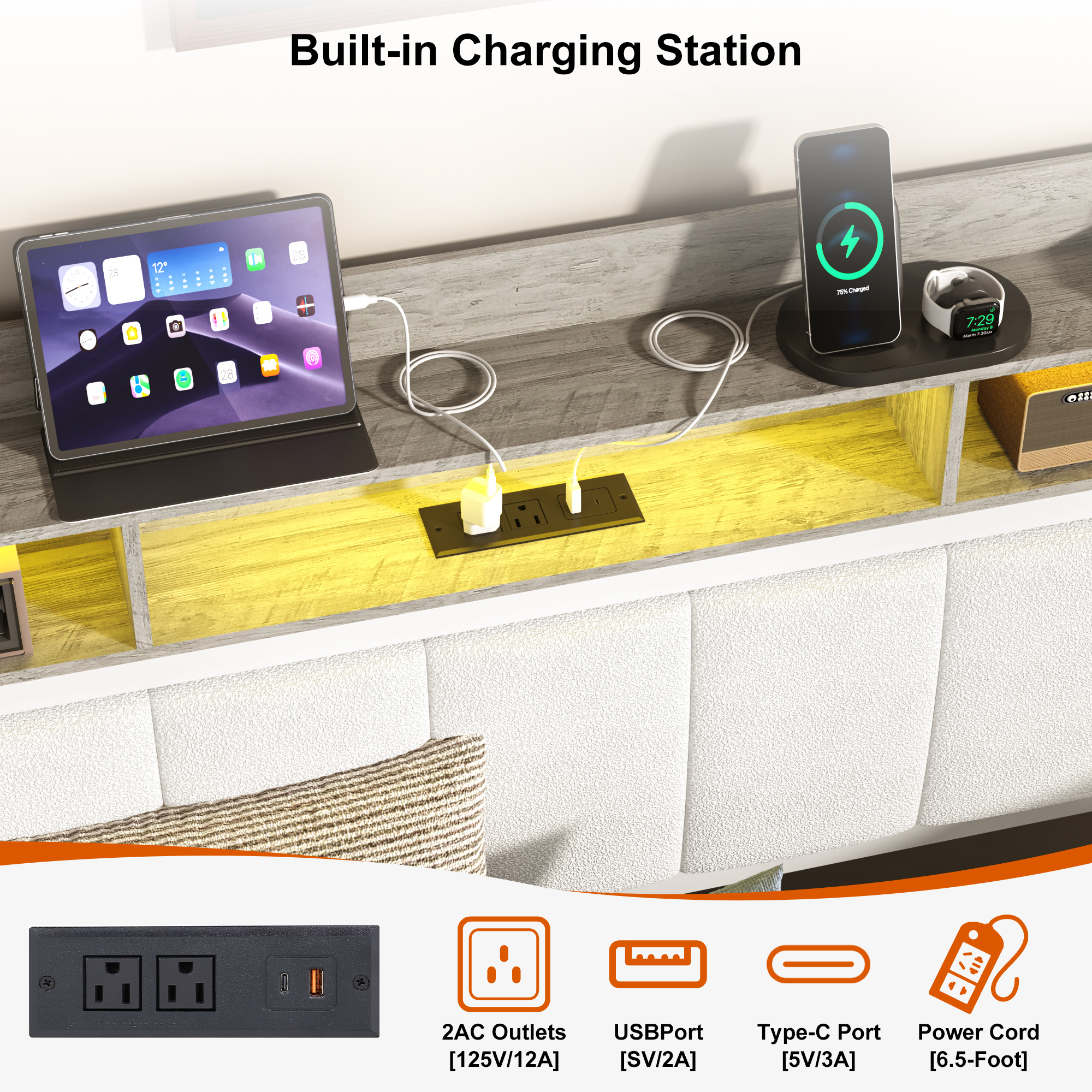 ANPOO Twin Daybed with Trundle, Upholstered Sofa Bed Frame with Charging Station & LED Lights, Heavy Duty Metal Day Bed with Storage Pockets, No Box Spring Needed, for Living Room Bedroom