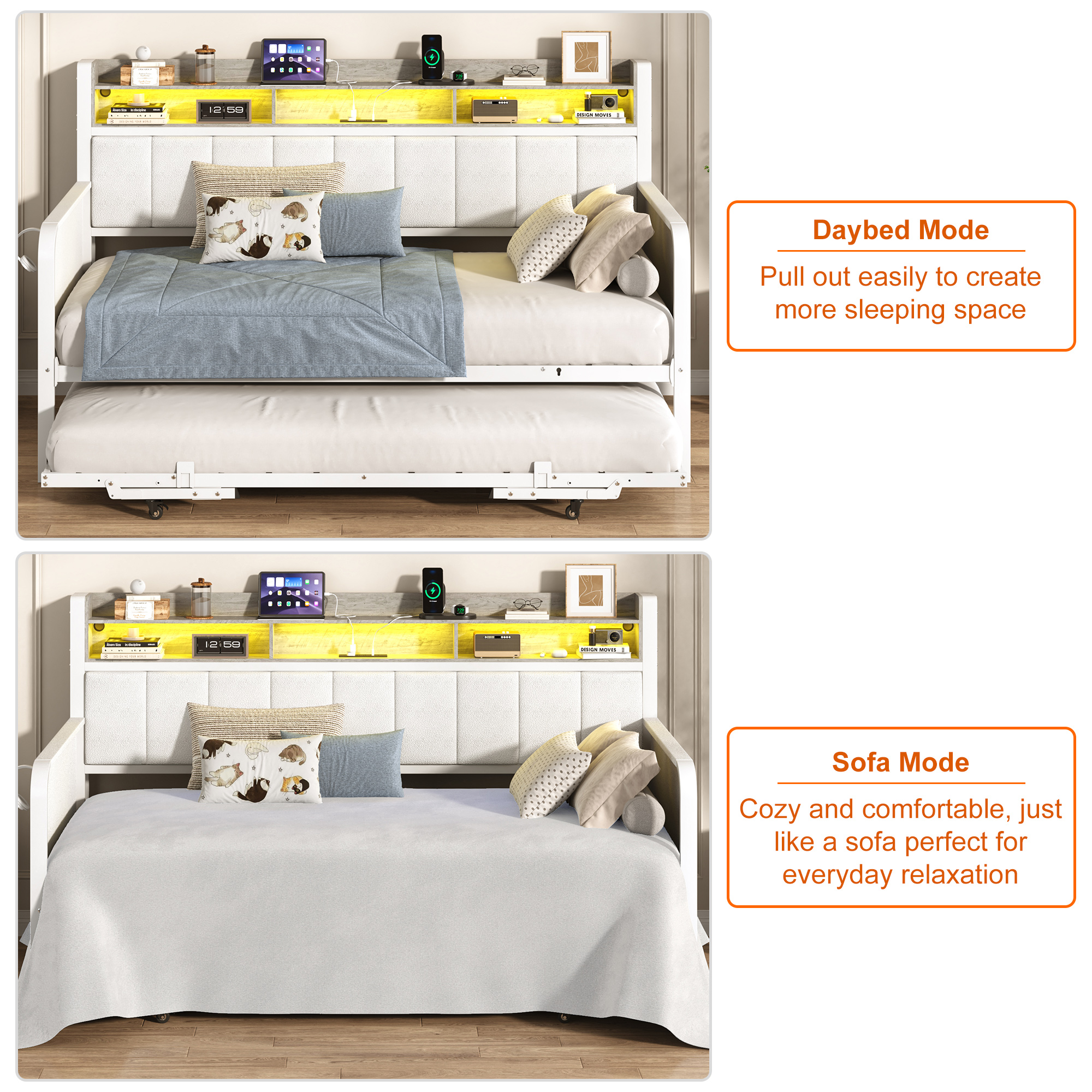 ANPOO Twin Daybed with Trundle, Upholstered Sofa Bed Frame with Charging Station & LED Lights, Heavy Duty Metal Day Bed with Storage Pockets, No Box Spring Needed, for Living Room Bedroom