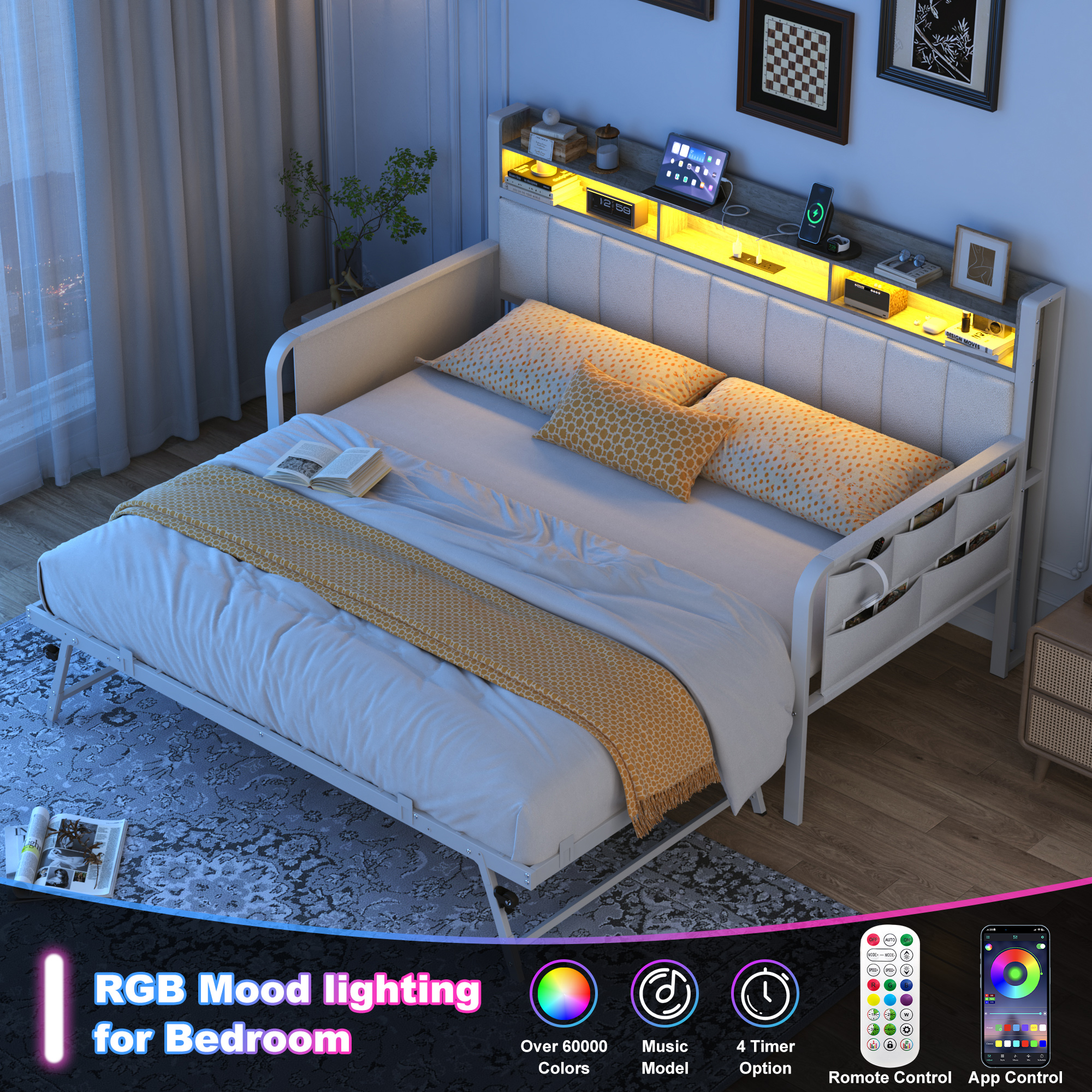 ANPOO Twin Daybed with Trundle, Upholstered Sofa Bed Frame with Charging Station & LED Lights, Heavy Duty Metal Day Bed with Storage Pockets, No Box Spring Needed, for Living Room Bedroom