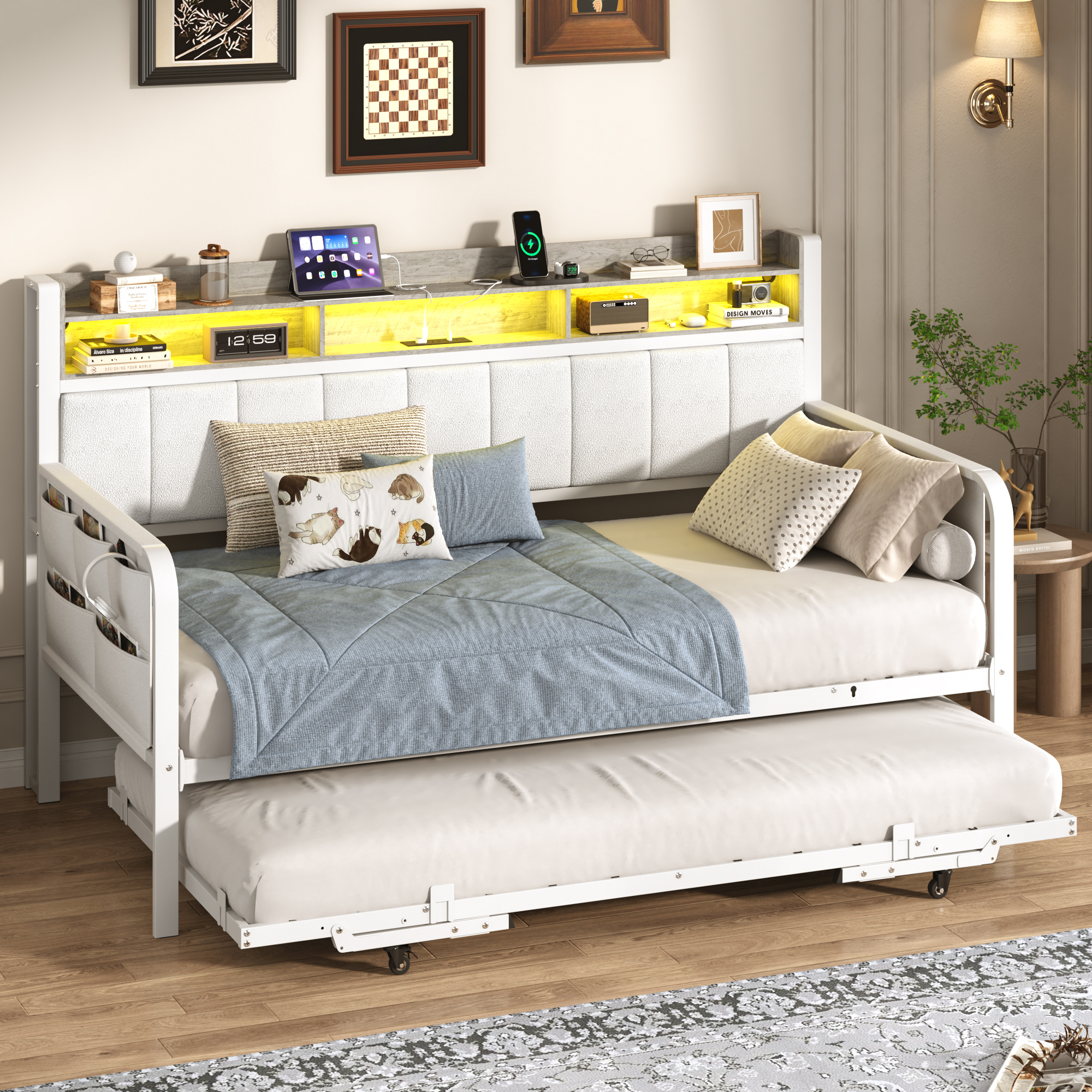 ANPOO Twin Daybed with Trundle, Upholstered Sofa Bed Frame with Charging Station & LED Lights, Heavy Duty Metal Day Bed with Storage Pockets, No Box Spring Needed, for Living Room Bedroom