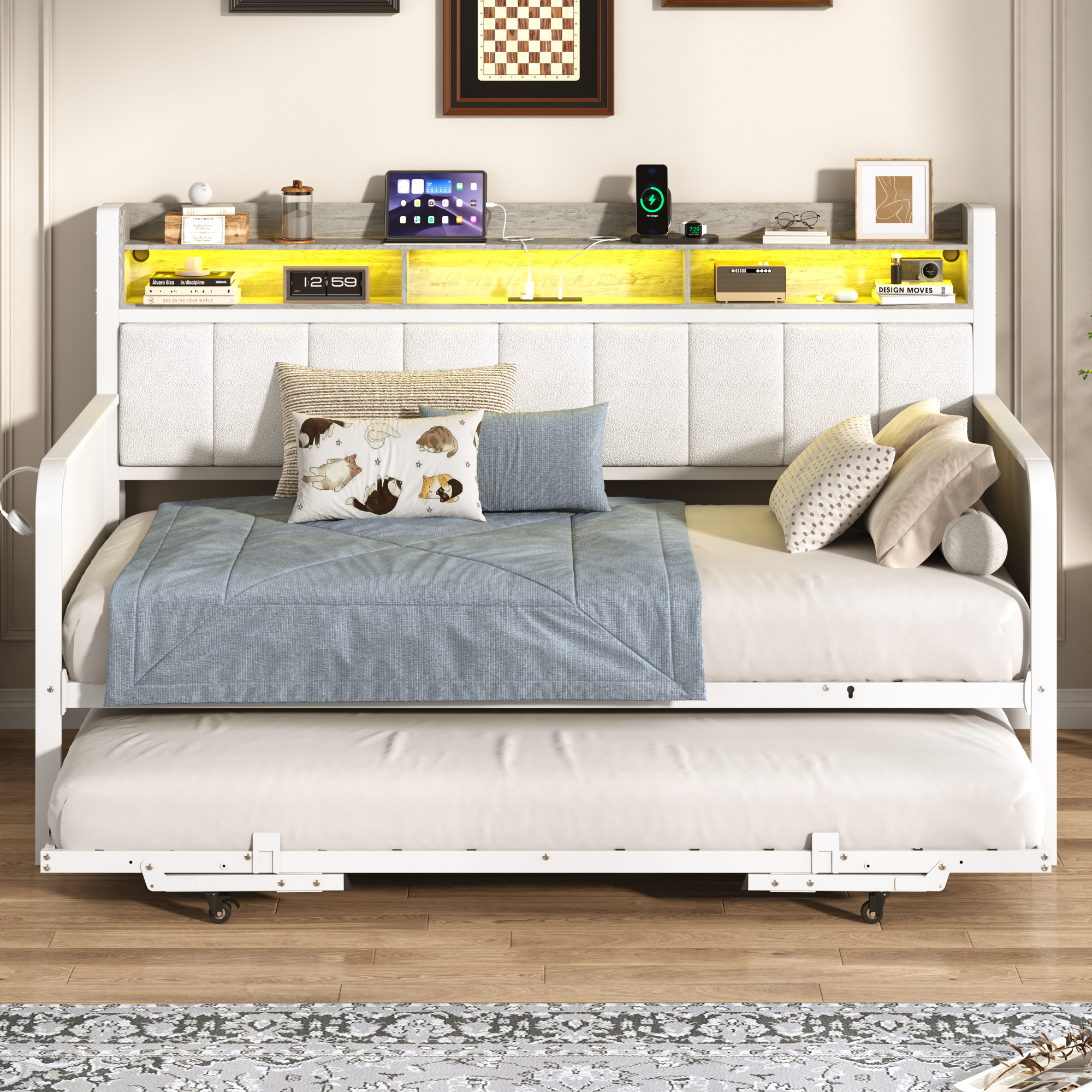 ANPOO Twin Daybed with Trundle, Upholstered Sofa Bed Frame with Charging Station & LED Lights, Heavy Duty Metal Day Bed with Storage Pockets, No Box Spring Needed, for Living Room Bedroom