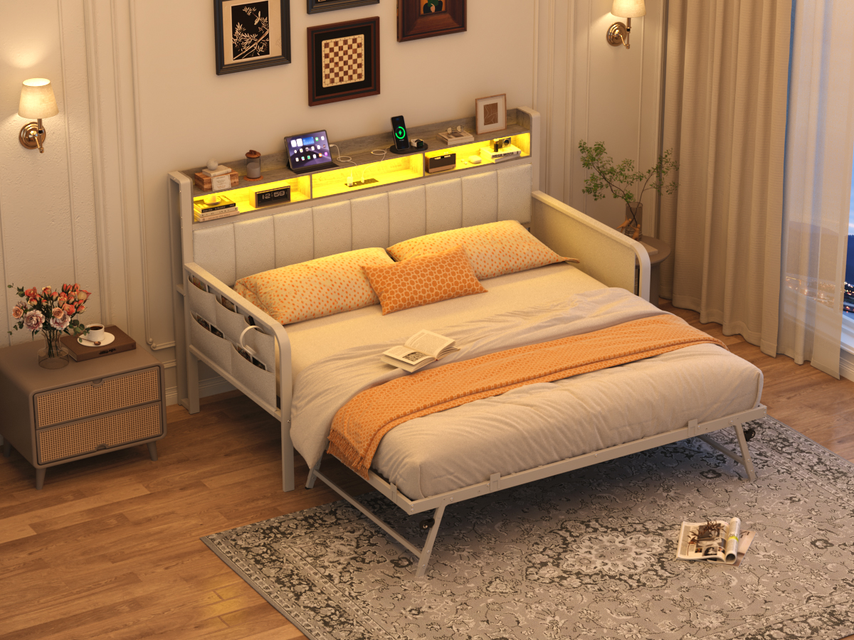 ANPOO Twin Daybed with Trundle, Upholstered Sofa Bed Frame with Charging Station & LED Lights, Heavy Duty Metal Day Bed with Storage Pockets, No Box Spring Needed, for Living Room Bedroom