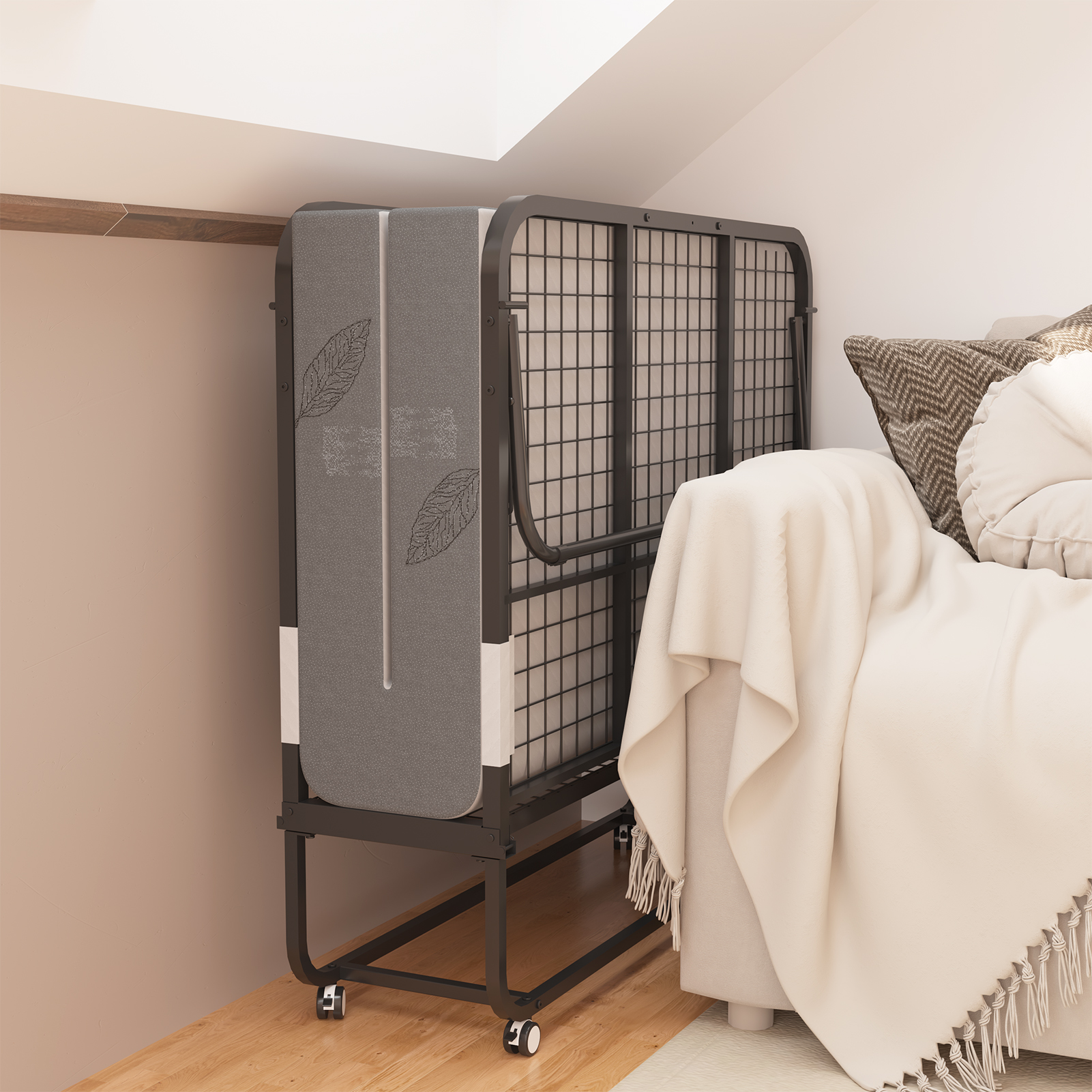  Folding Bed with 5" Foam Mattress, 75" x 38" Portable Foldable Bed with Metal Frame & Lockable Wheels & Dust Cover