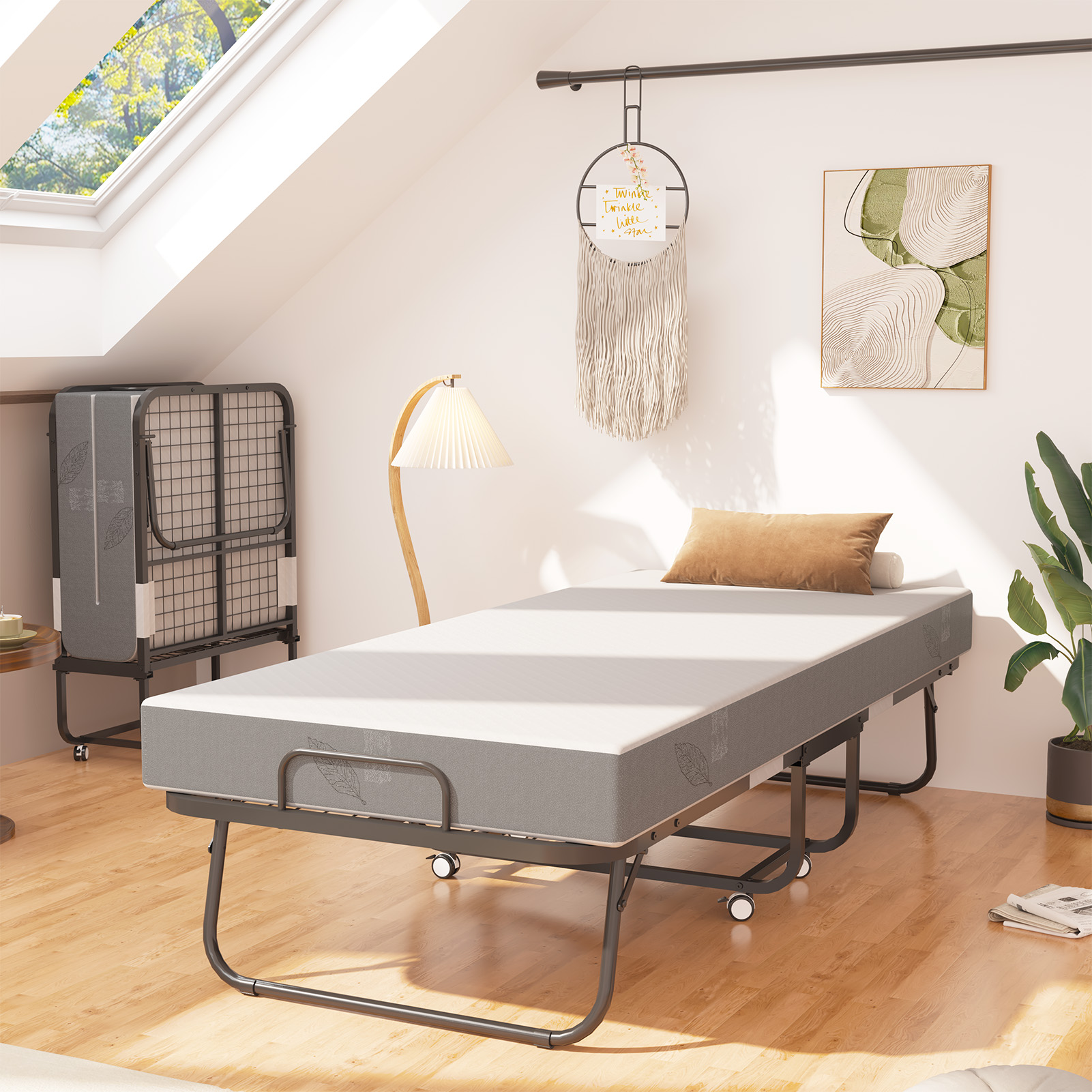  Folding Bed with 5" Foam Mattress, 75" x 38" Portable Foldable Bed with Metal Frame & Lockable Wheels & Dust Cover