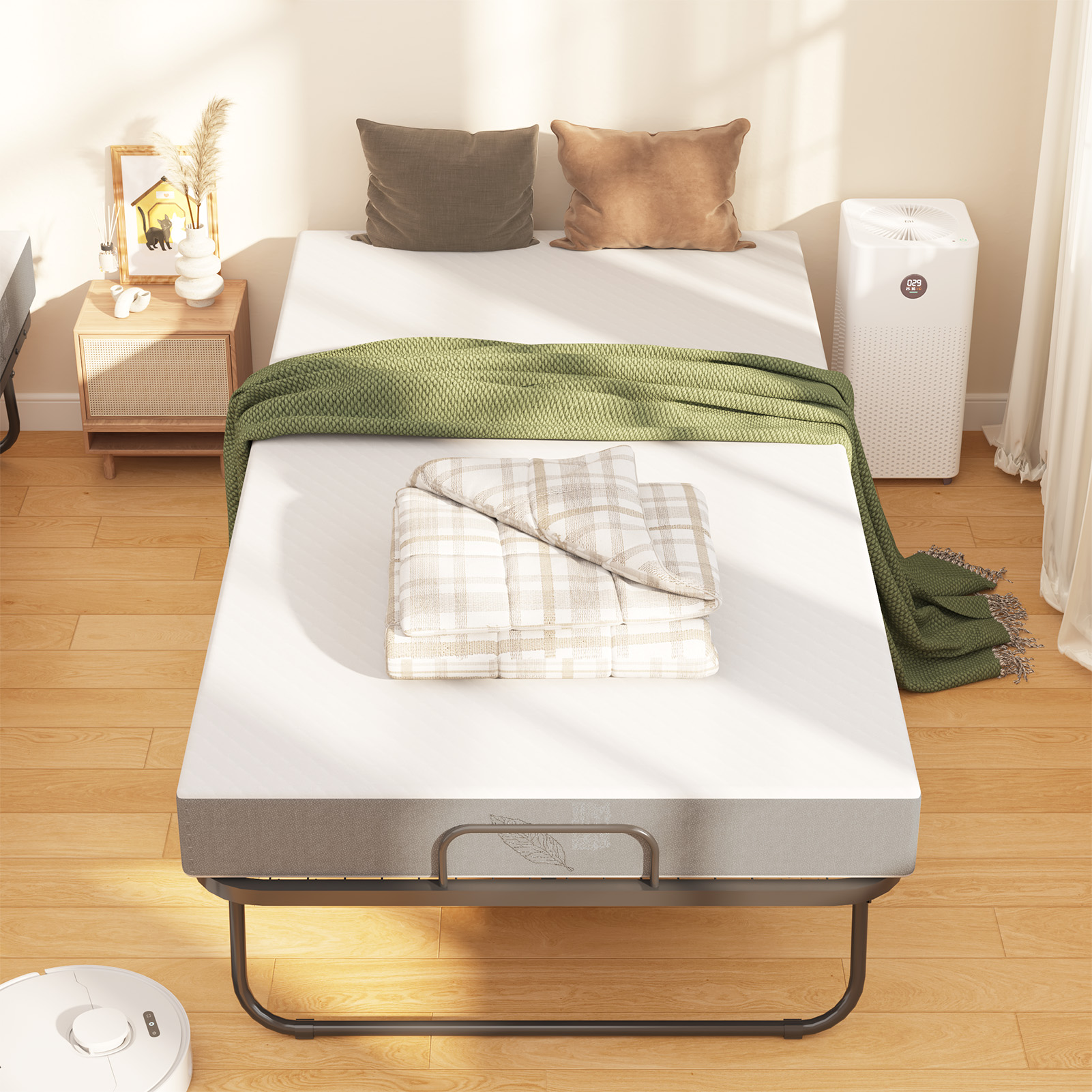  Folding Bed with 5" Foam Mattress, 75" x 38" Portable Foldable Bed with Metal Frame & Lockable Wheels & Dust Cover